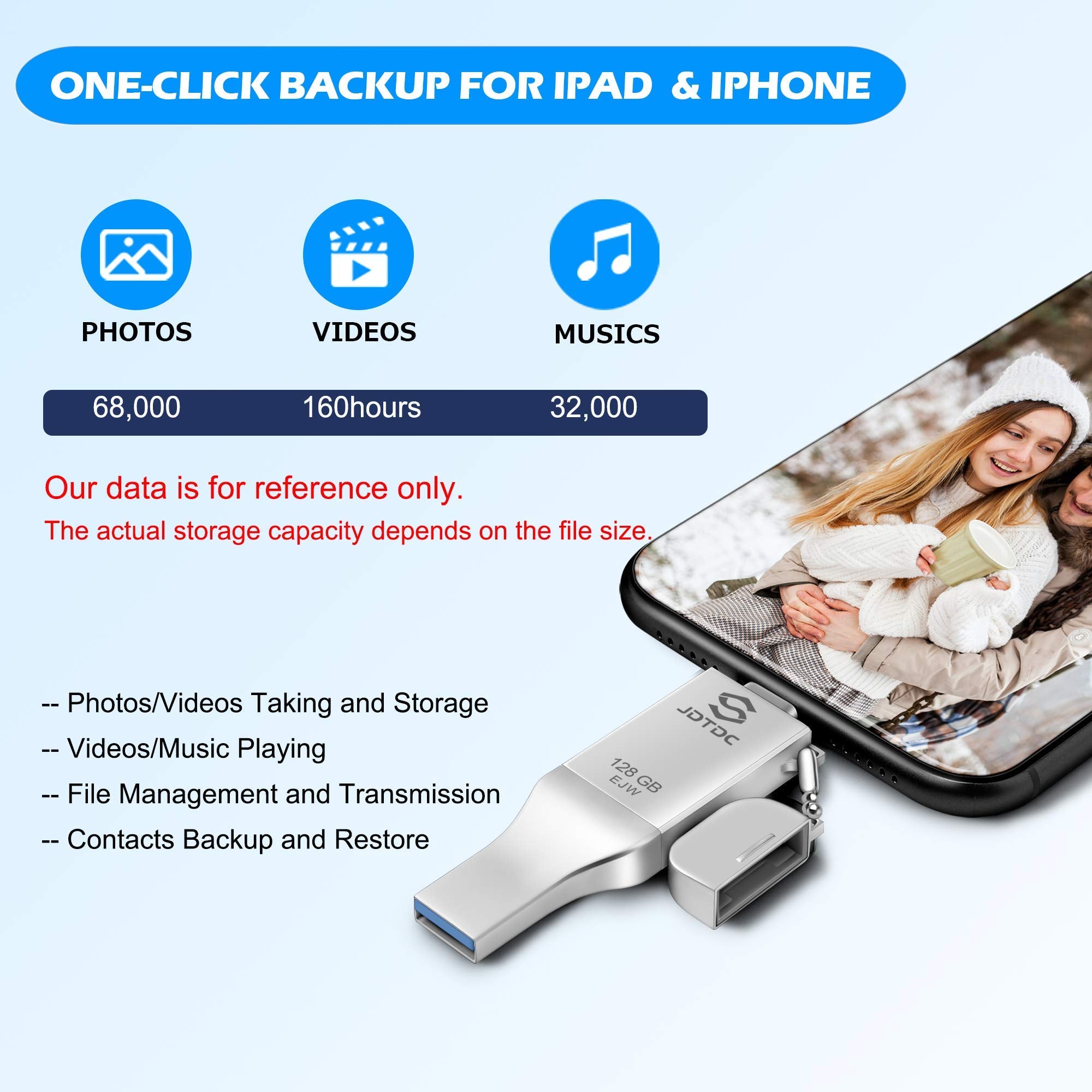 JSL JDTDC 128GB Apple MFi Certified iPhone Photo Stick, 3-in-1 USB-C Flash Drive for iPhone 14-17, Silver