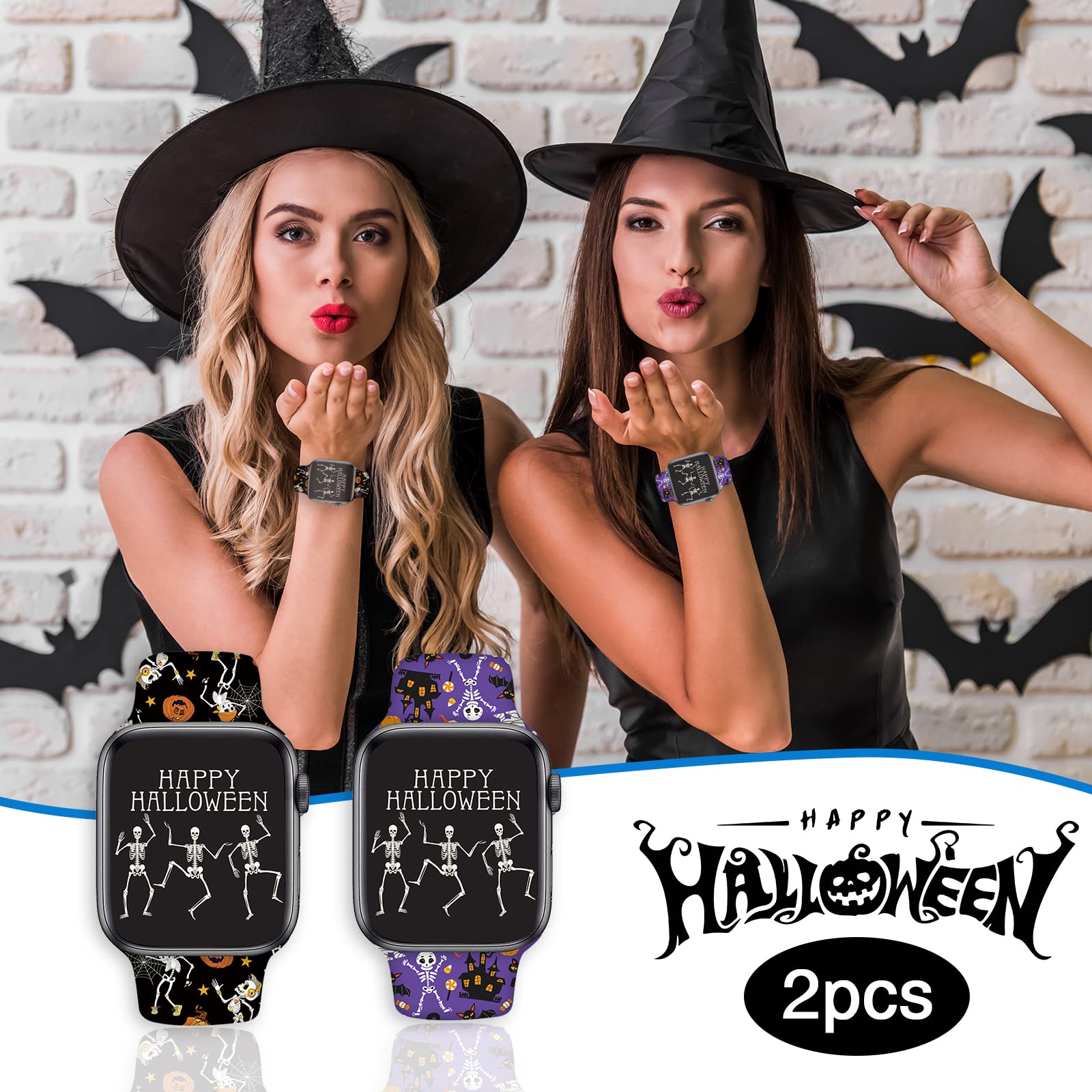2 Pack Halloween Skull Watch Bands For Apple Watch Band Women Girls 42Mm 44Mm 45Mm, Holiday Funny Skeleton Pattern Soft Silicone
