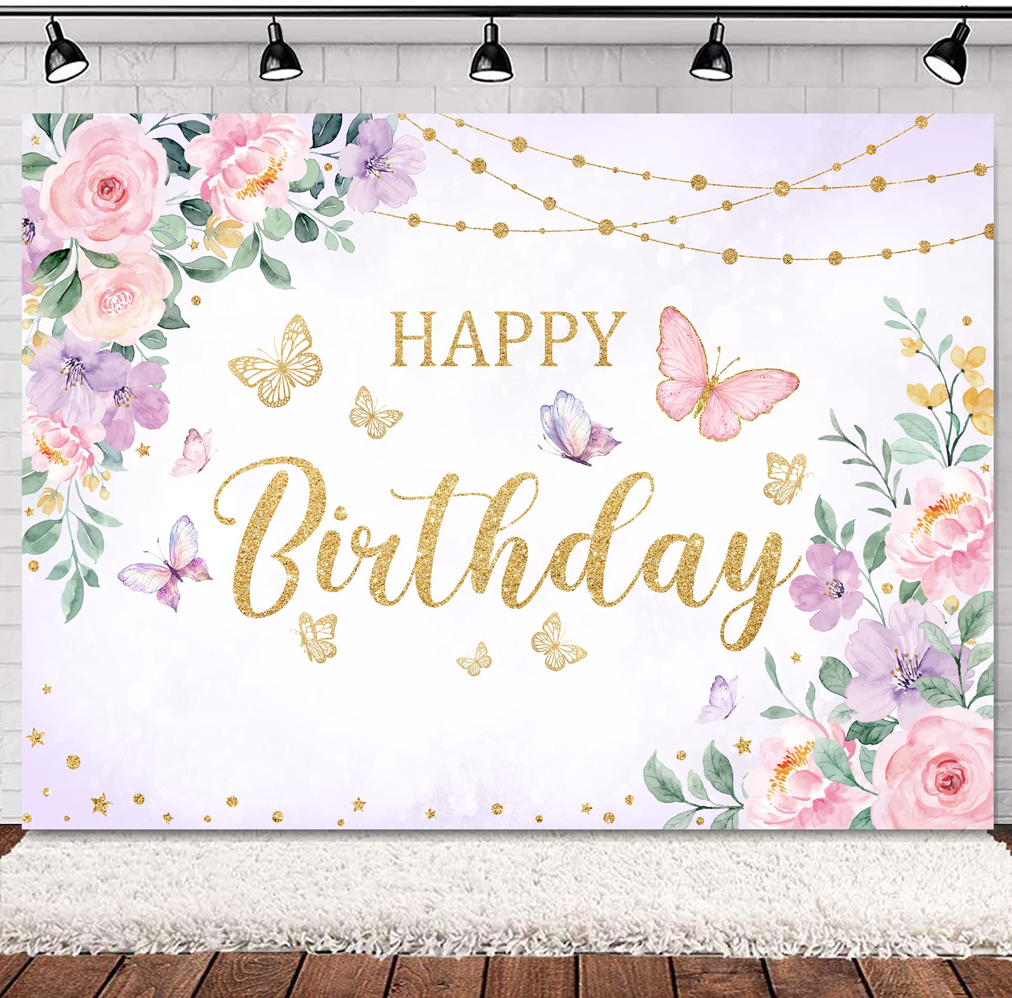 Svbright Butterfly Floral Happy Birthday Backdrop 7Wx5H Cute Pink Purple Flower Blossom Plant Pastel Girls Gold Lovely Princess