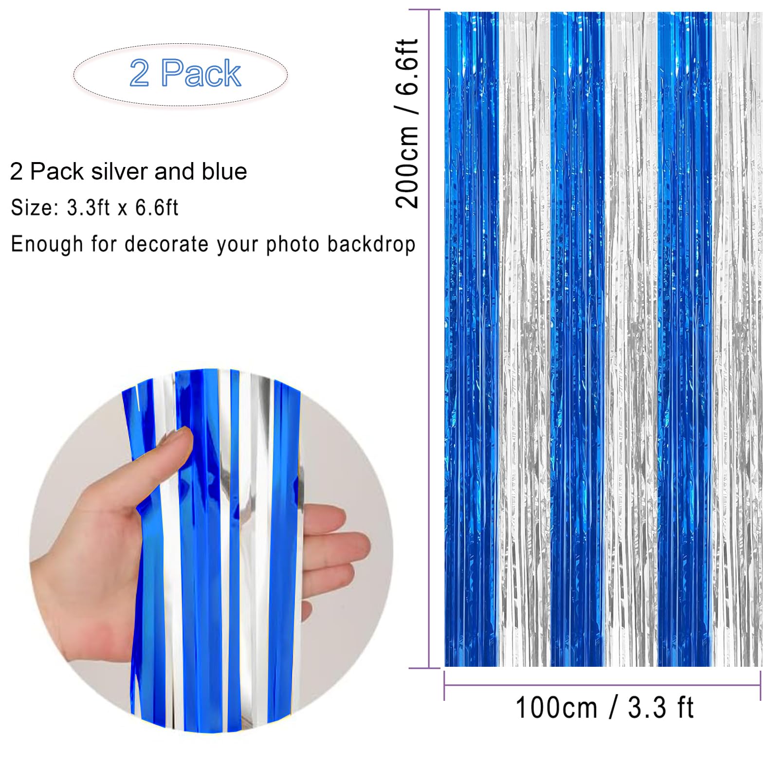 2 Pack Blue And Silver Foil Fringe Curtains Photo Booth Prop Tinsel Streamer Backdrops For Graduation Xmas Holiday Party Decorat