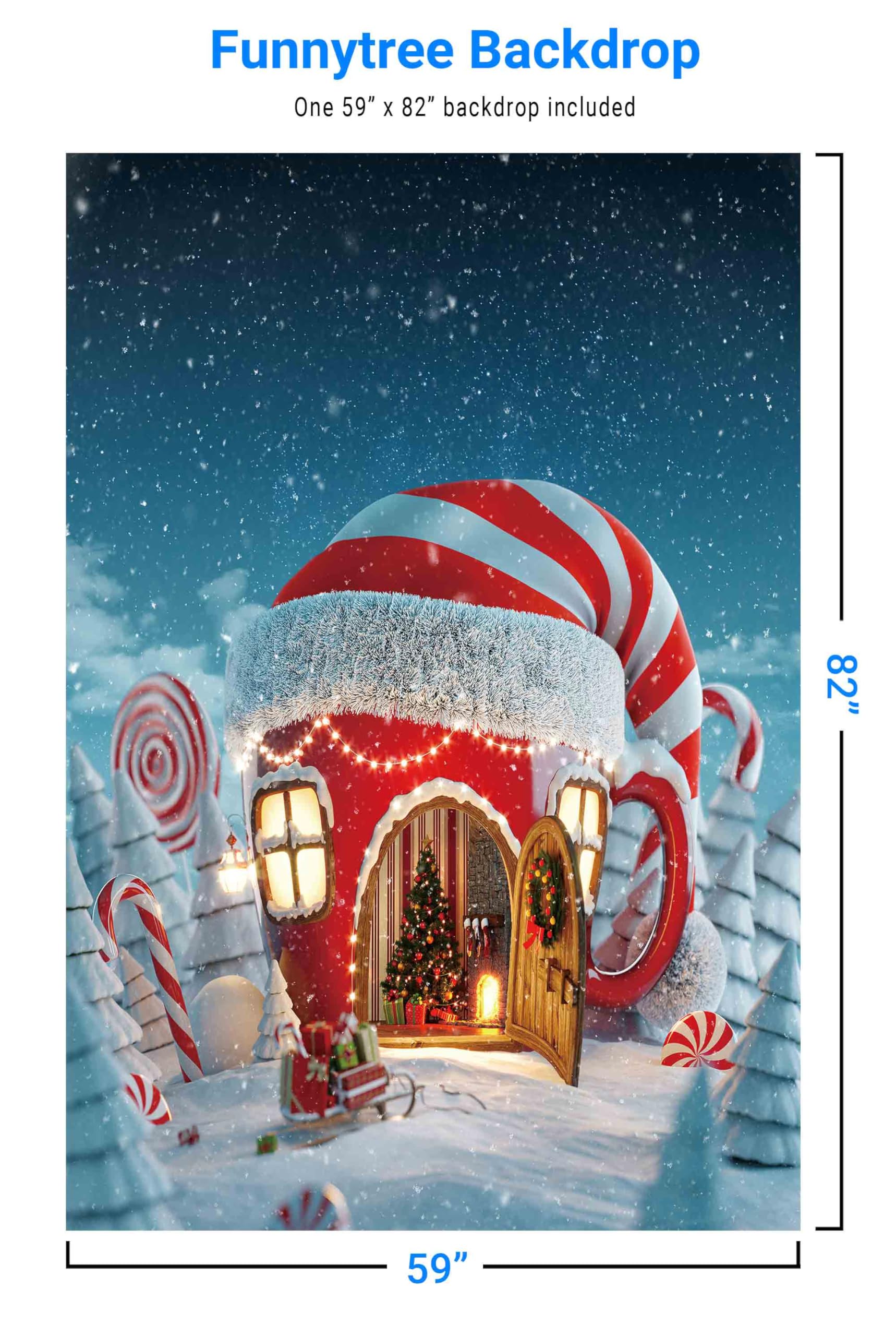 Funnytree 5X7Ft Christmas Candy Cup House Photography Backdrop Snow Pine Tree Red And White Stripes Background Children Newborn Baby Portrait Photo Studio Photobooth Props
