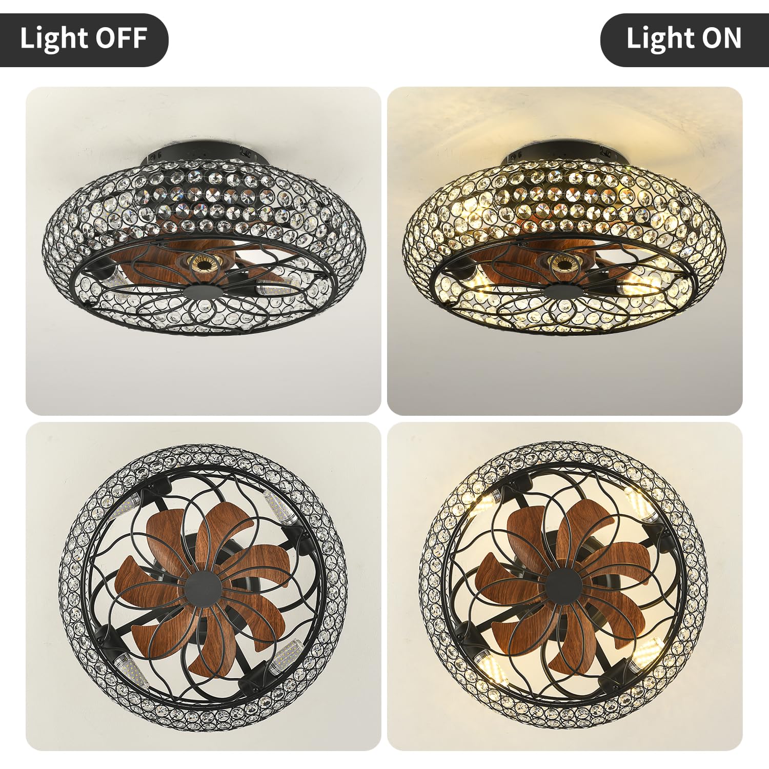 Xudom Caged Crystal Ceiling Fans With Lights And Remote,18.8'' Flush Mount Low Profile Ceiling Fan With Light,6 Speed Enclosed C