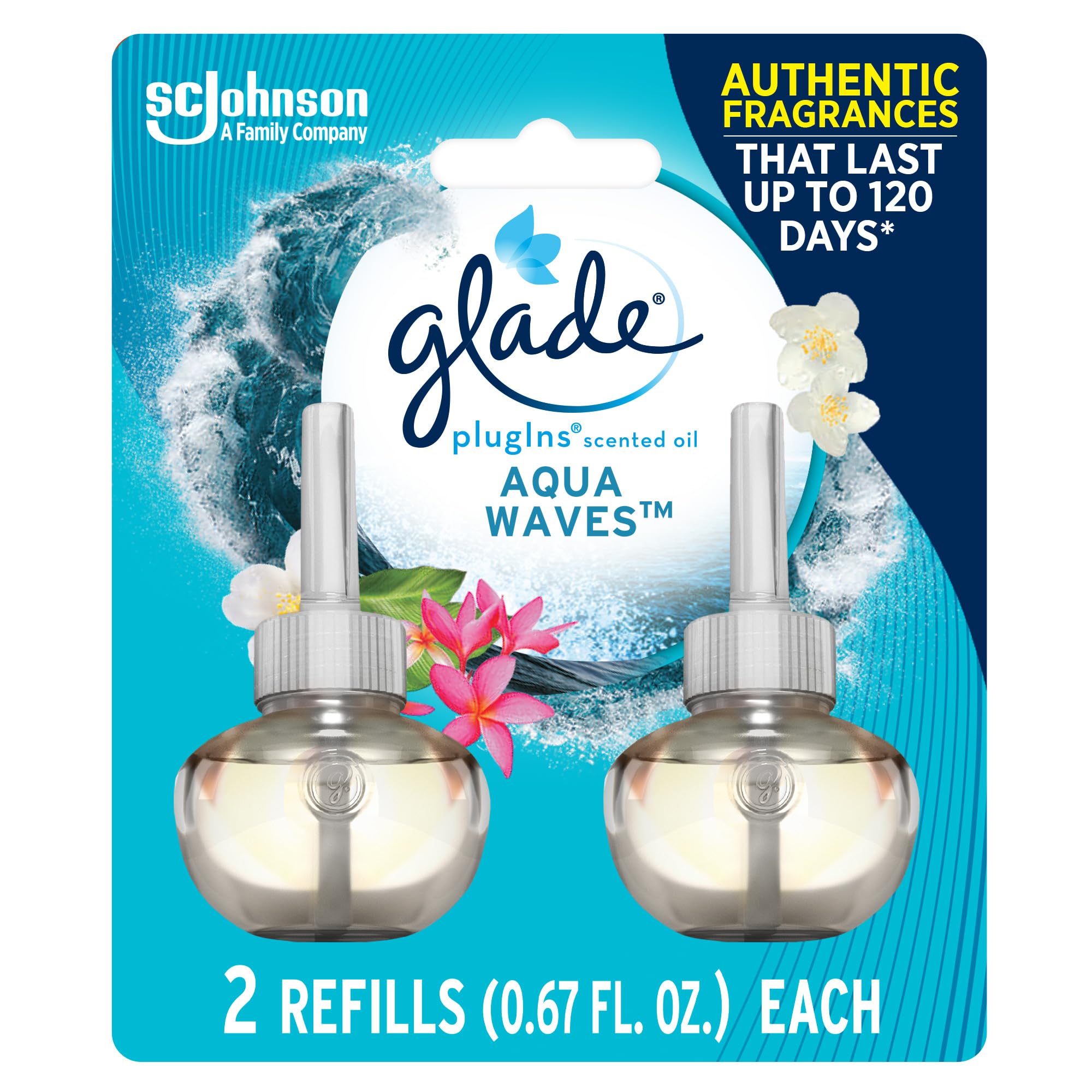 Glade Plugins Refills Air Freshener, Scented And Essential Oils For Home And Bathroom, Aqua Waves, 1.34 Fl Oz, 2 Count