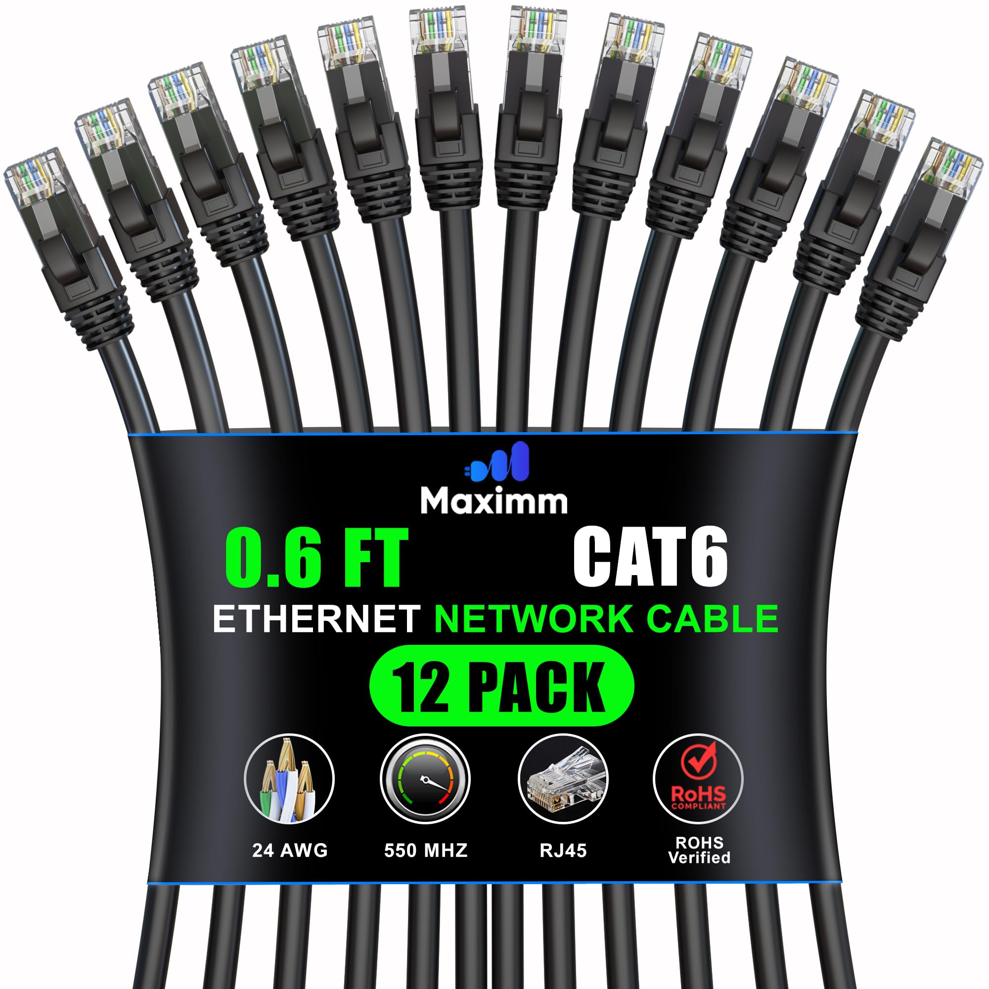 Maximm Cat 6 Ethernet Cable 0.6 Ft (12 Pack)   High Speed Lan Cable, Internet Cable, Patch Cable, And Network Cable   Utp, 10Gbps, 550Mhz Ethernet Cord   Black