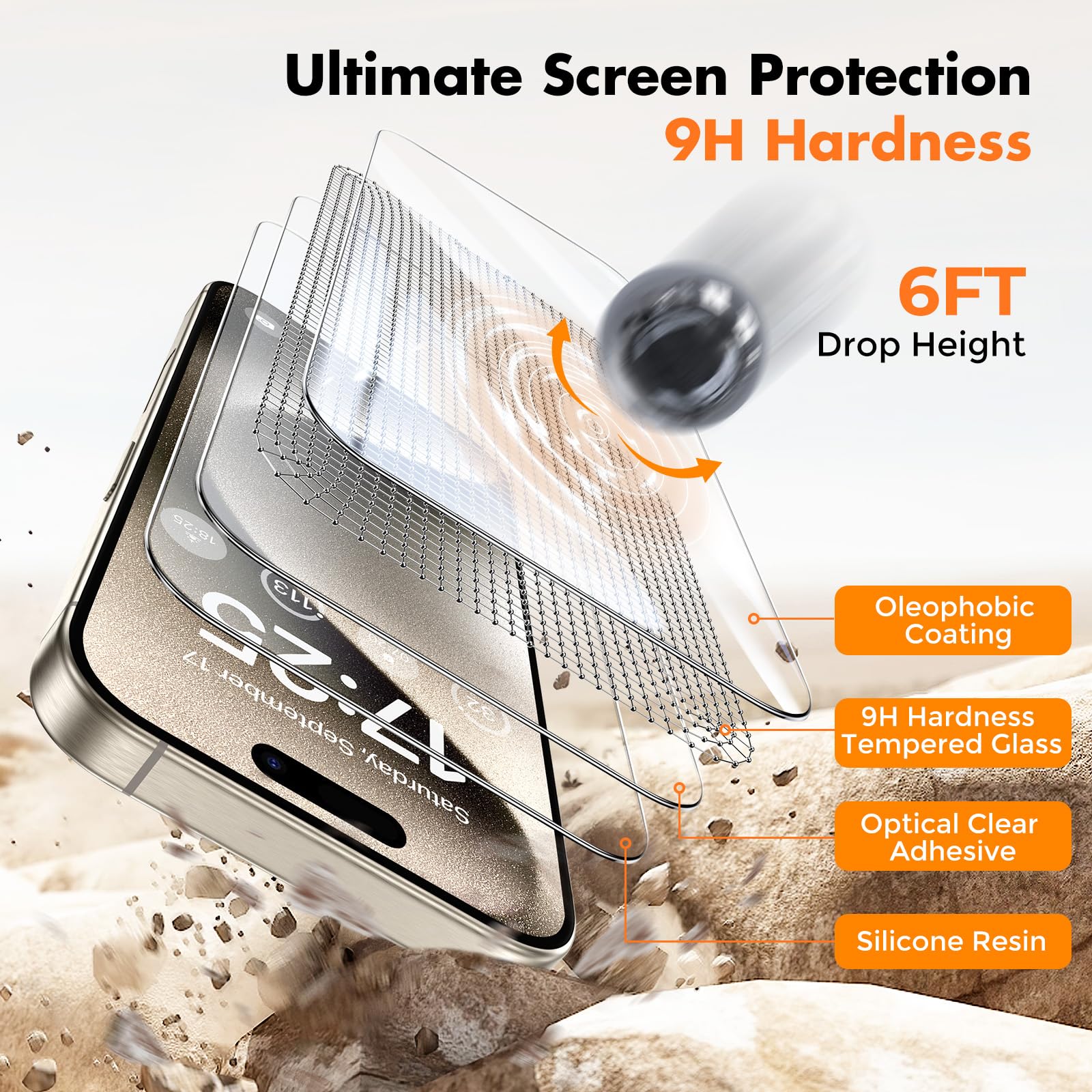 Unbreakcable Shatterproof Tempered Glass Screen Protector For Iphone 15 Pro [3 Pack] [Easy Installation Frame] [9H Hardness] [99