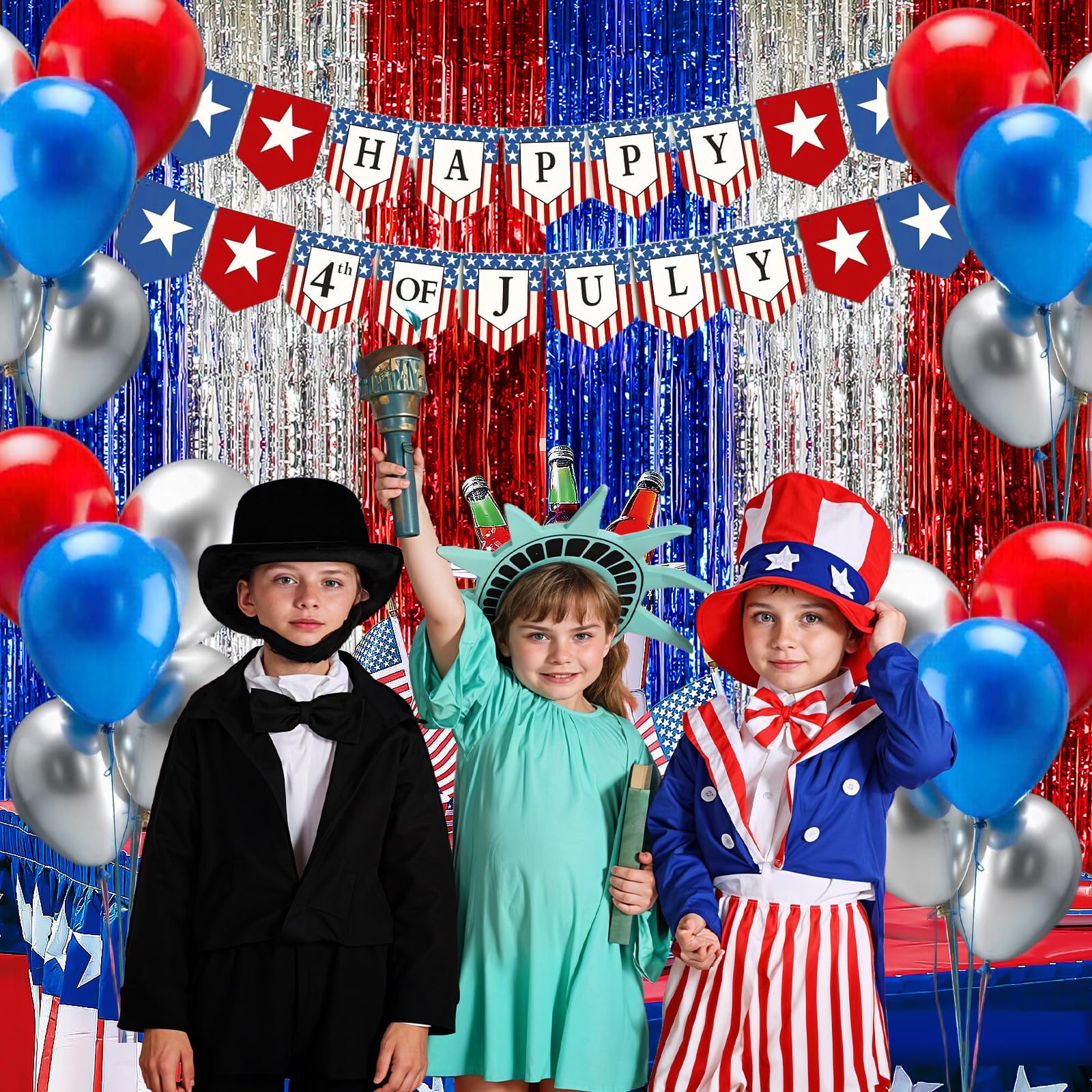 4Th Of July Decorations, 2 Packs 3.3 X 6.6 Ft Red White And Blue Foil Fringe Backdrop Curtains Tinsel Streamers For Patriotic, M