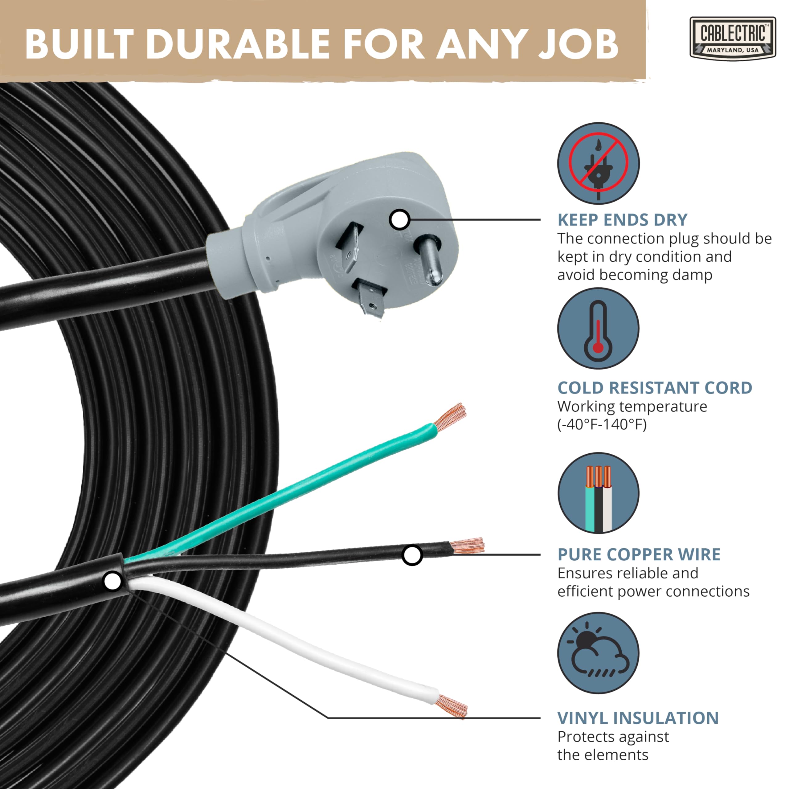 Cablectric 30 Amp Rv Replacement Power Cord - 6Ft 10 Gauge Ev Extension Cable Nema Tt-30P To Open End 3 Wire - Heavy Duty 30 Amp
