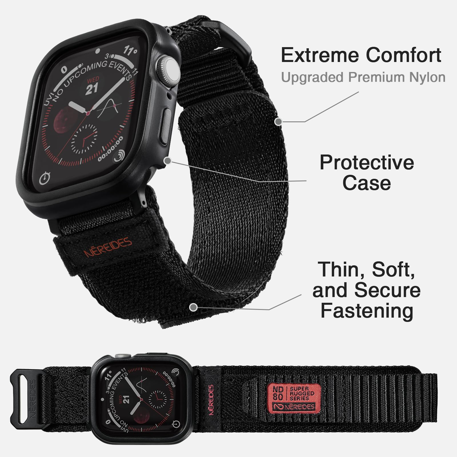 Rugged Case With Band For Apple Watch Series 9/8/7 Band 45Mm, Hook And Loop Nylon Sport Strap With Case For Iwatch Men(Black)