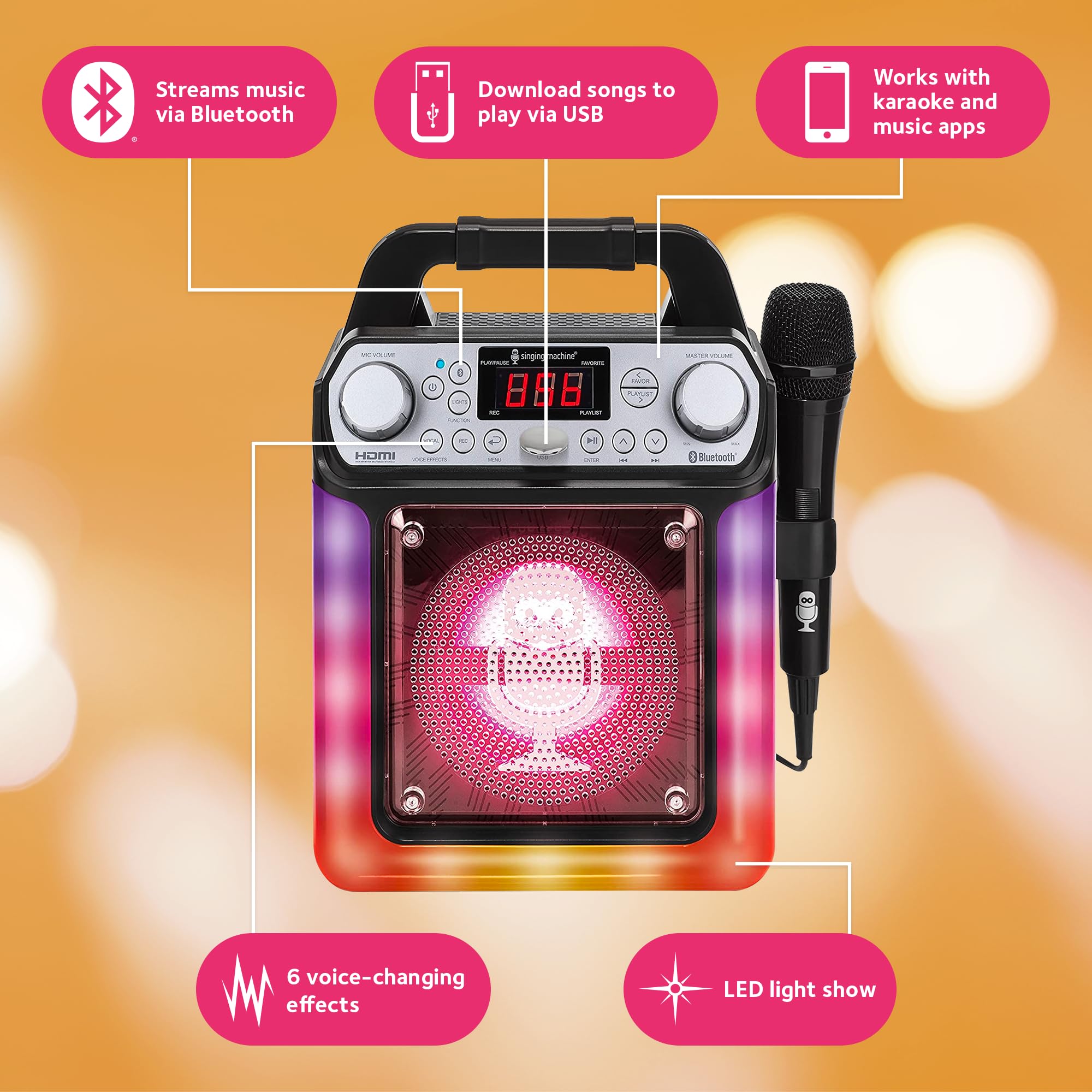 Singing Machine Portable Karaoke Machine With Wired Mic, Bluetooth, Led Lights   For Adults & Kids