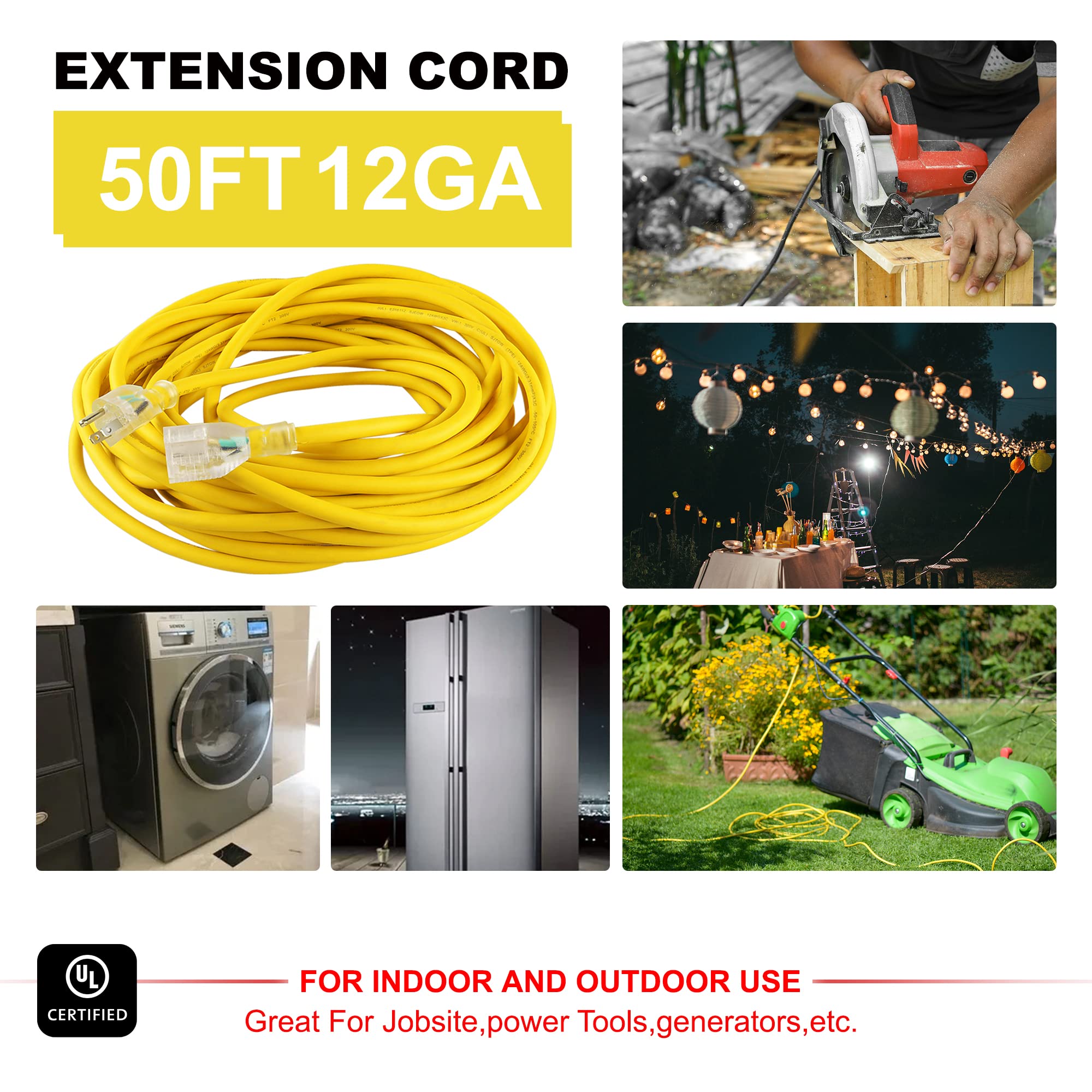 Aweltec Outdoor 12/3 Extension Cord 12Awg 50Ft 15Amp 1875Watts, Tpe Rubber Sjeow ( 58F To +221F) Lighted Power Cord, Yellow, Ul