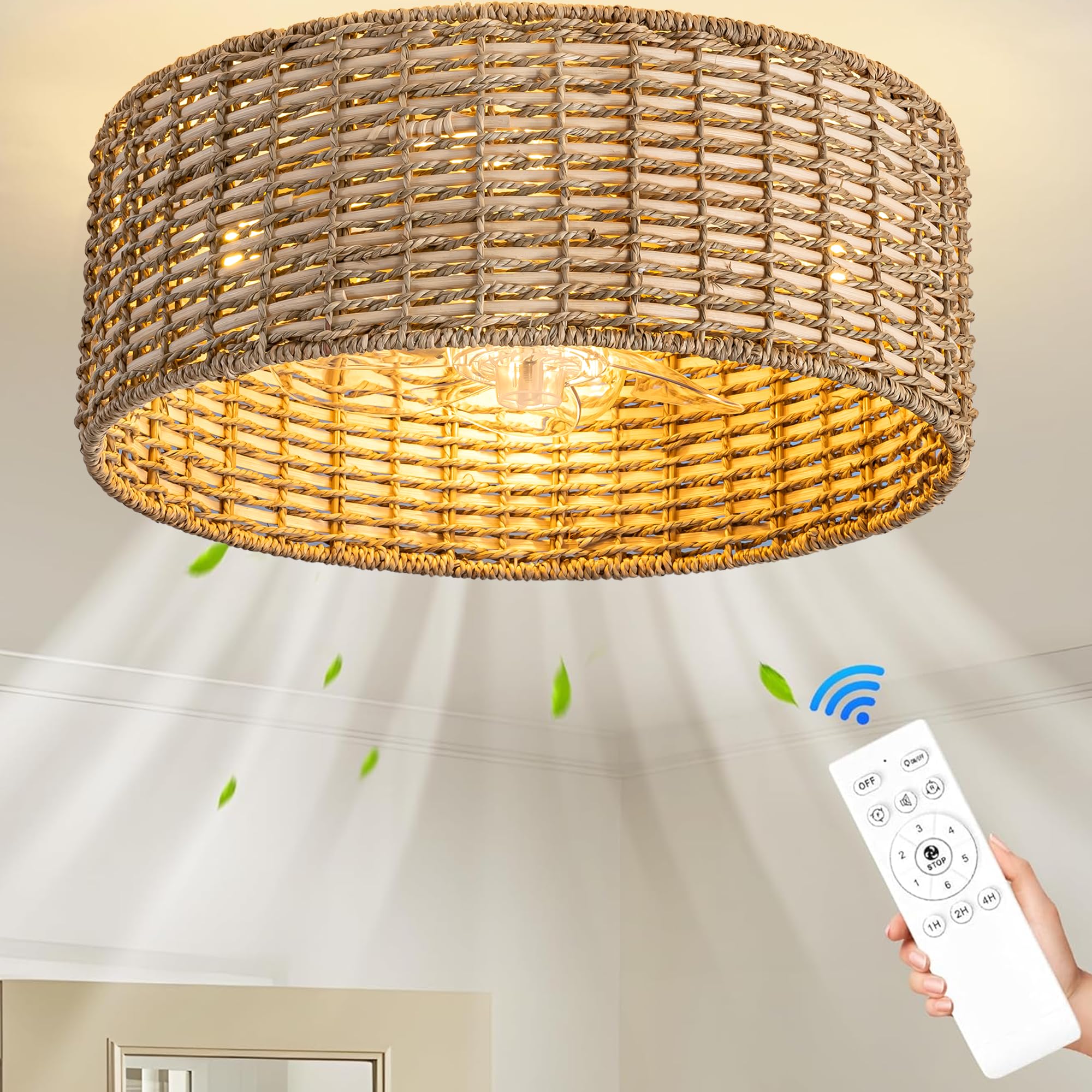Jughtbo Rattan Caged Boho Fandelier Ceiling Fans with Light Remote Flush Mount for Bedroom,Gold,Quiet,4-Light,6 speeds