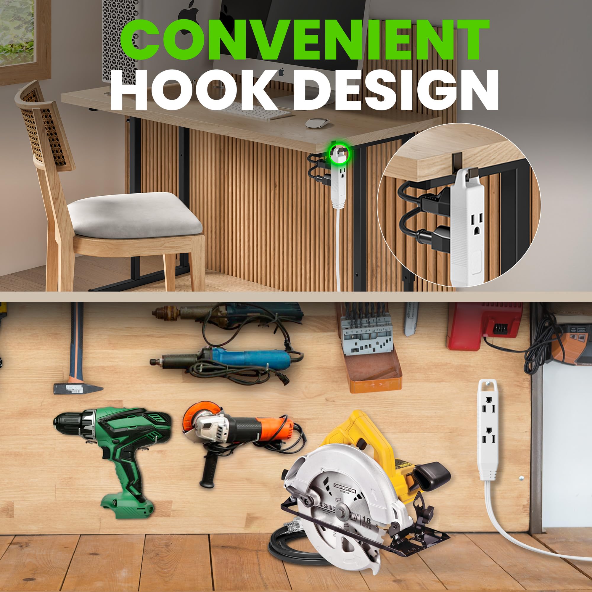 Gearit 360 Rotating Flat Plug Extension Cord (6Ft, White) Multi 3 Outlet Extension 16 Awg Wire, Adapter For Small Spaces, Right