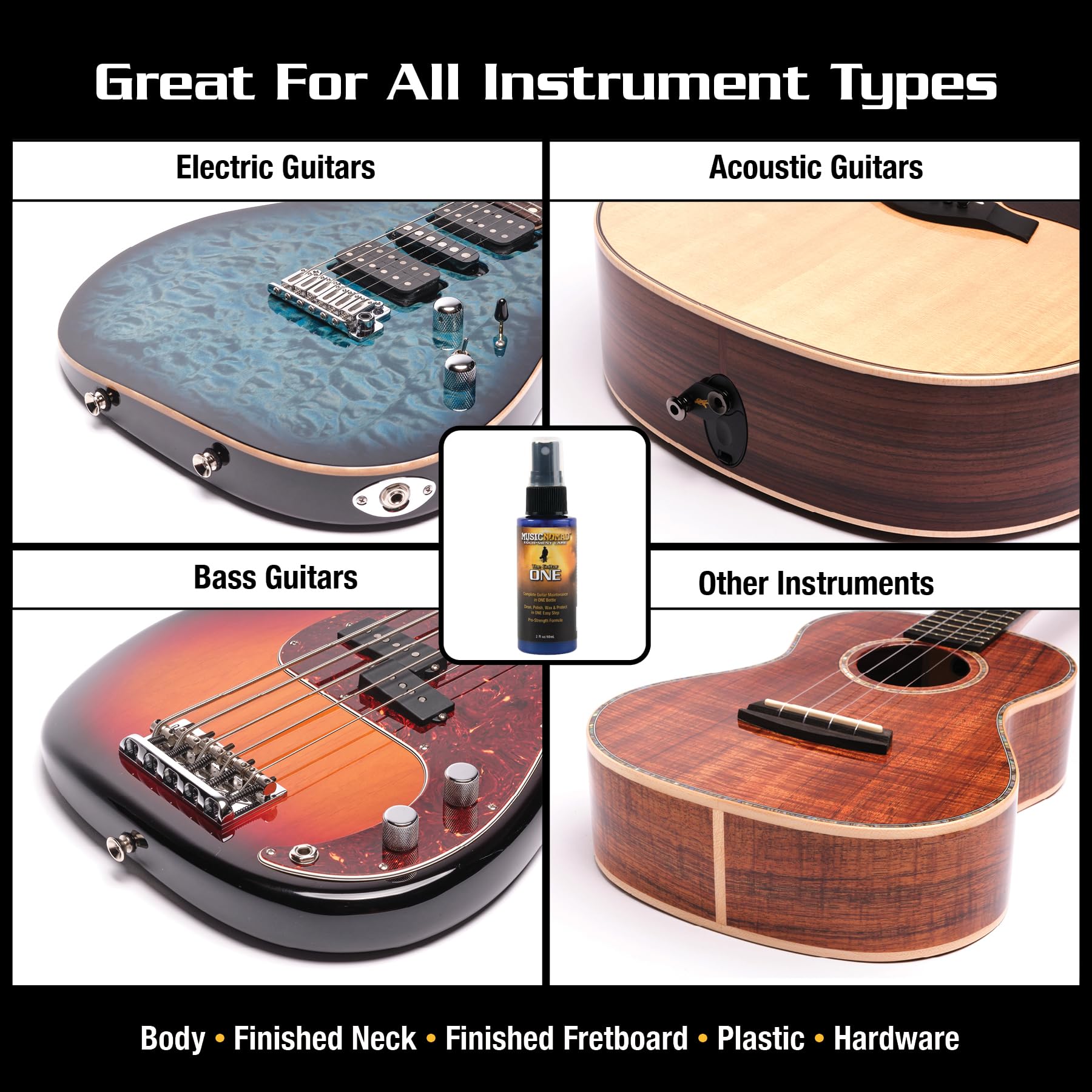 Musicnomad Guitar Cleaner, Fretboard Conditioner Oil, Fret Polish And Microfiber Cloth - 4 Pc. Guitar Care Kit