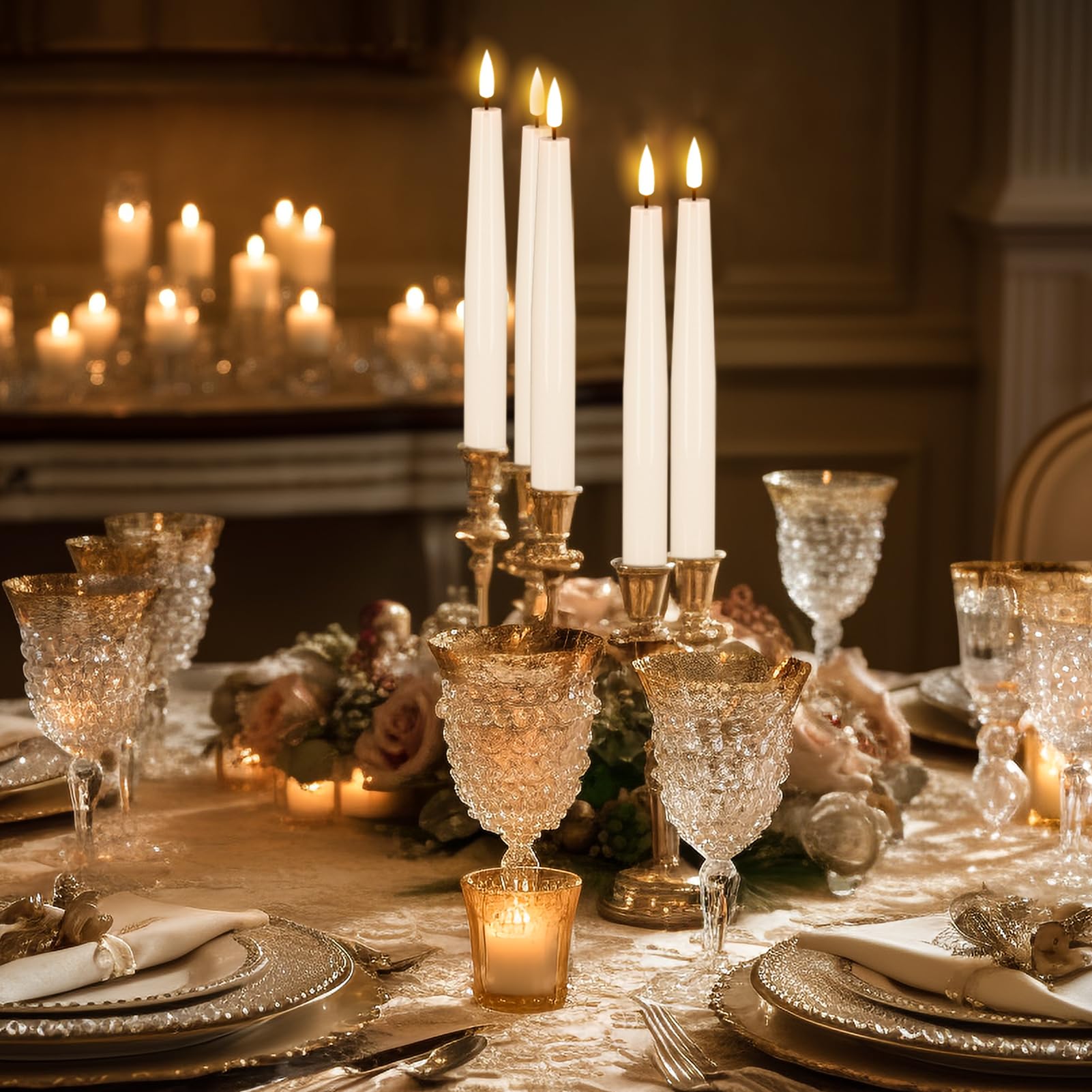 Genswin Flameless Flickering Taper Candles Battery Operated, 4 Pcs Real Wax Led Taper Flameless Candlesticks With 3D Wick, White