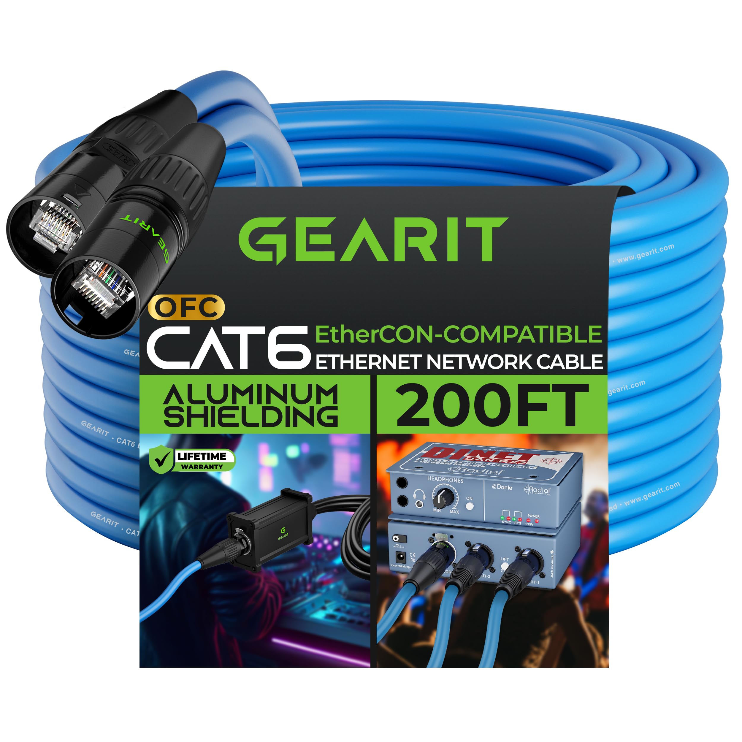 Gearit Cat6 Ethernet Cable, Ethercon Compatible (200 Feet) Rj45 Connectors For Pro Audio, Aluminum Shielded, Oxygen Free Copper