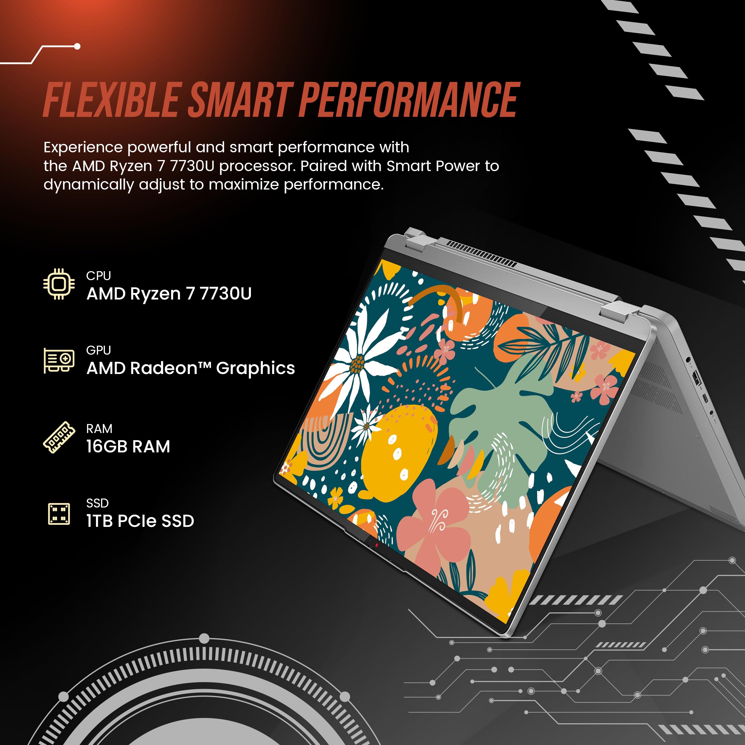 Lenovo Ideapad Flex 5 2 In 1 Laptop, 16'' Wuxga Touchscreen, Amd Ryzen 7 7730U, 16Gb Ram, 1Tb Ssd, Amd Radeon Graphics, Fingerpr