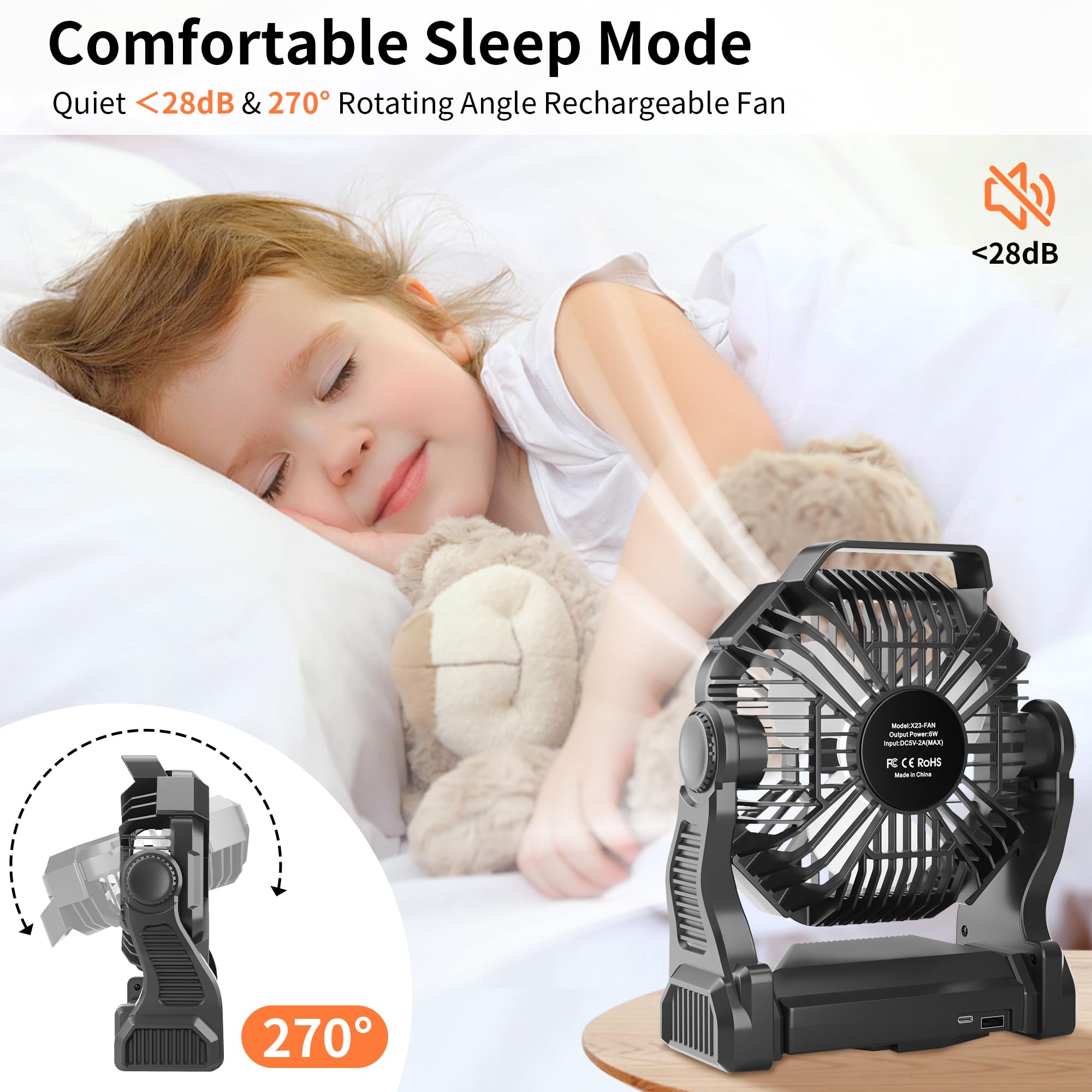 Tdlol Battery Operated Fan, Up 38H Rechargeable Camping Fan Battery Powered, 10In Battery Powered Fan Outdoor Camping Fan With L