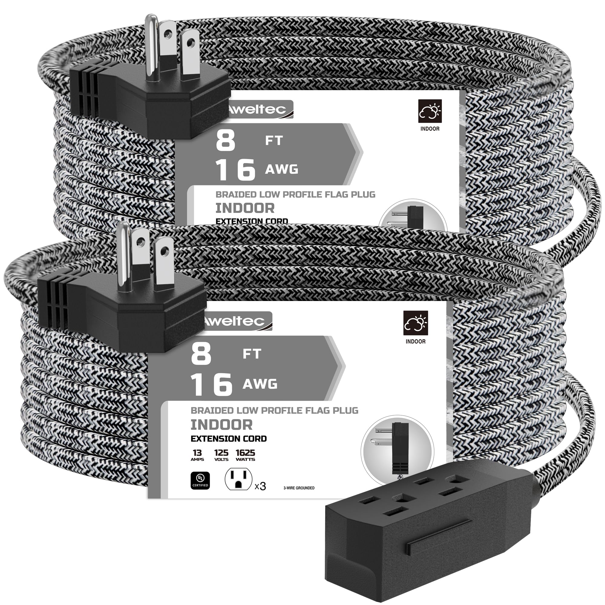 Aweltec 2 Pack Extension Cord 8 Ft With Braided Low Profile Flat Power, 3 Power Outlets, 16/3 Spt 2 Ul Listed, Black/White