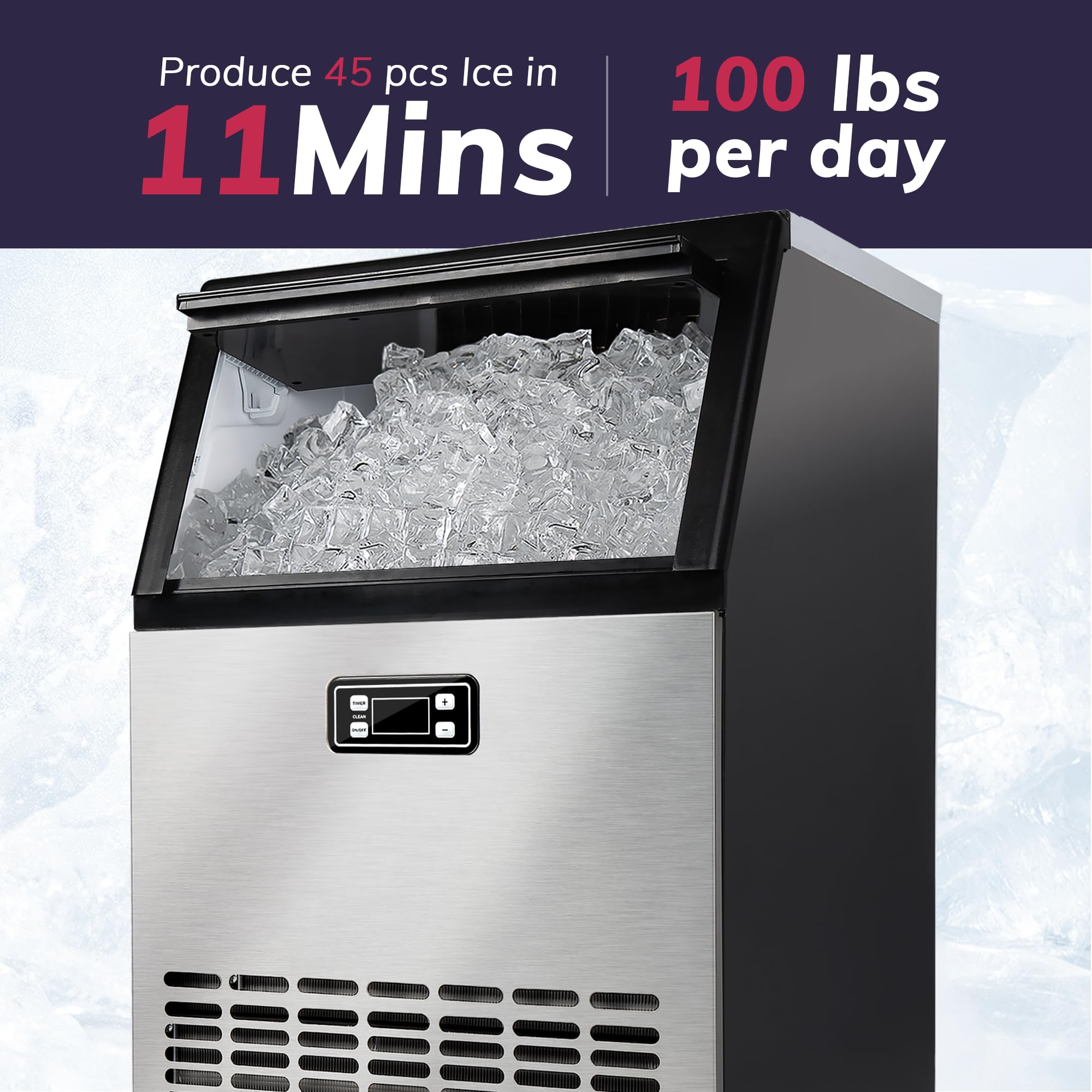 Icyglee Commercial Ice Maker Machine, 100Lbs/Daily Ice Production Under Counter Ice Maker, Self-Cleaning, Timer Stainless Ice Ma