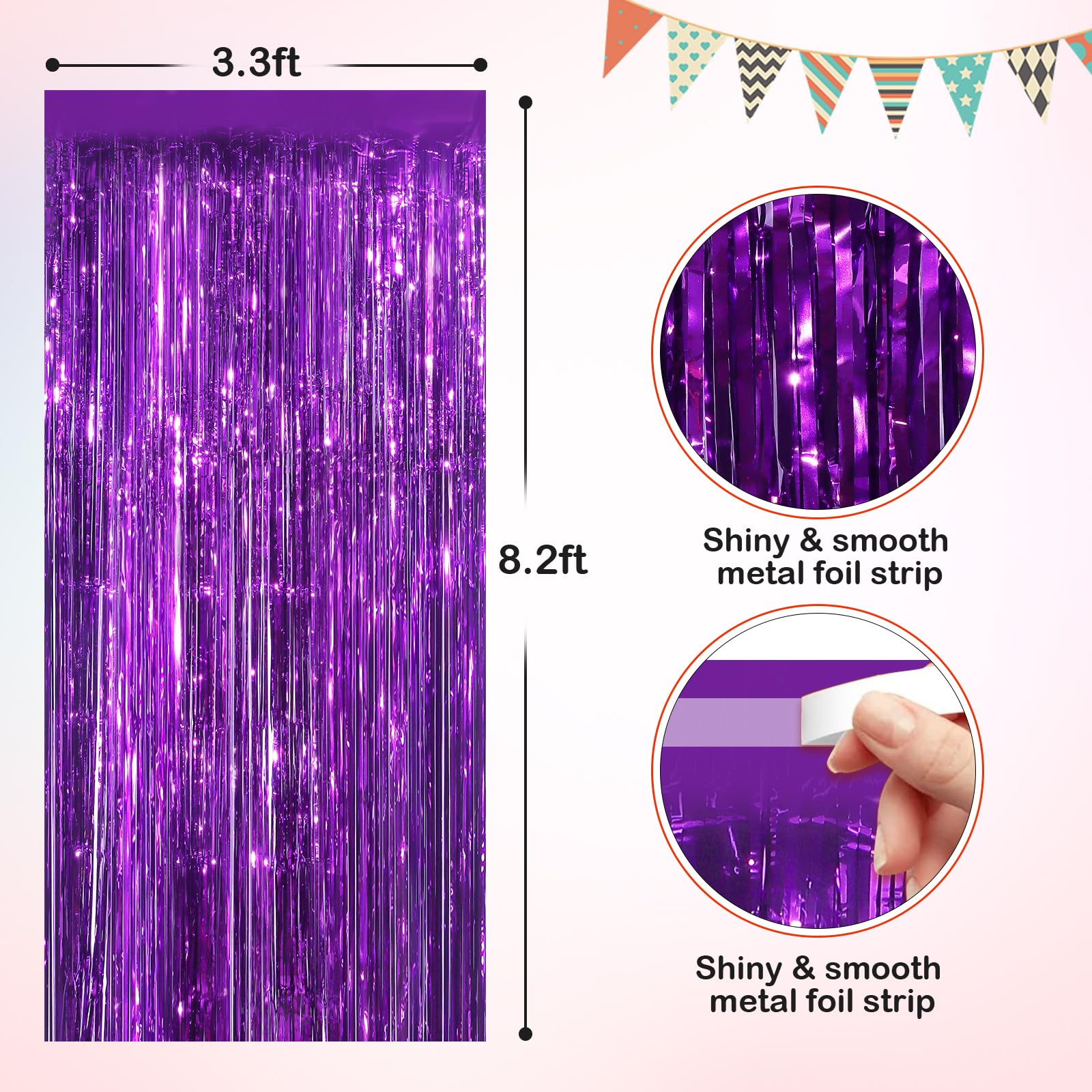 Purple Metallic Tinsel Foil Fringe Curtains, 4 Pack 3.3X8.3 Feet Party Streamer For Birthday Party Decorations, Halloween Decor,