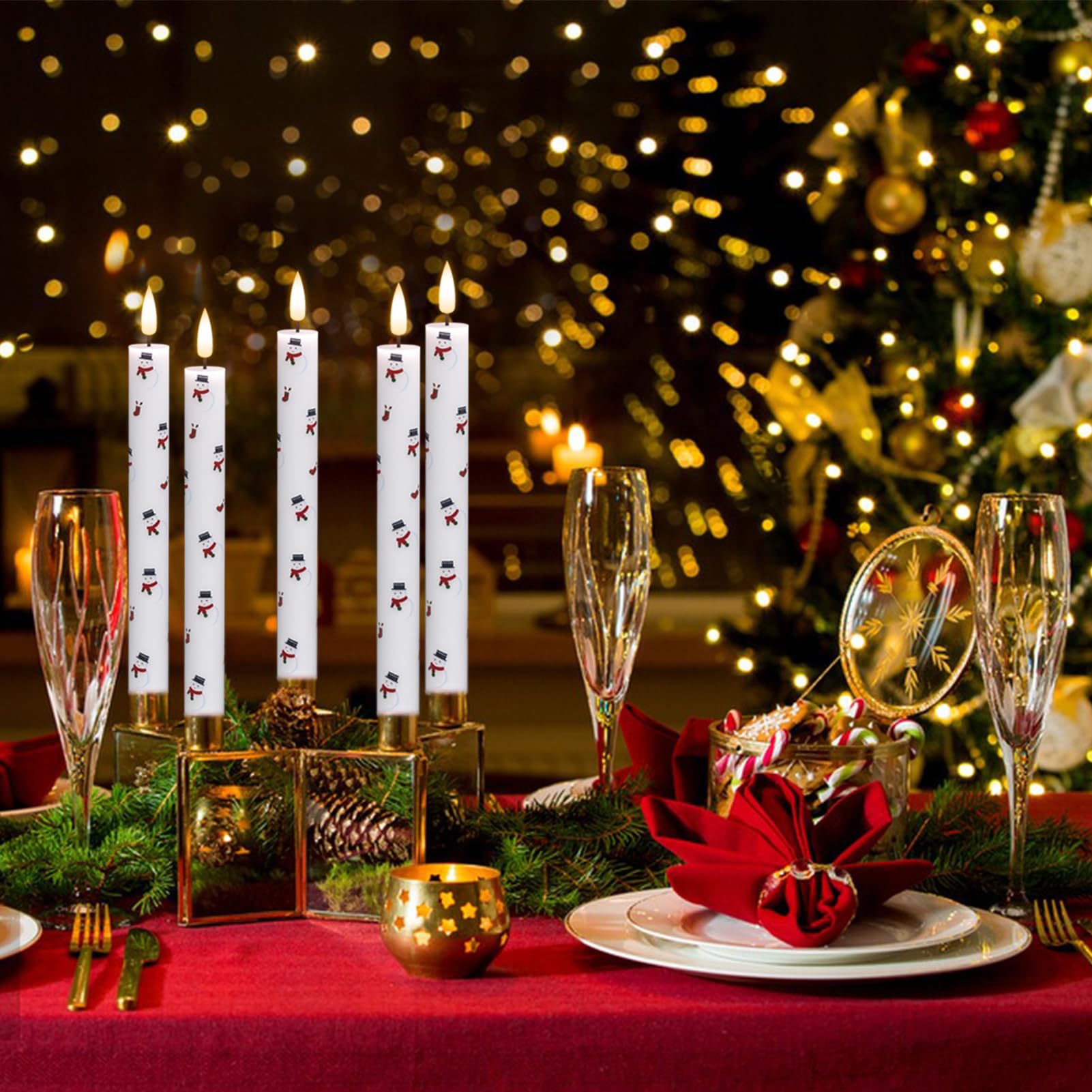 Eldnacele Christmas Taper Flameless Candles With Remote And Timer, Battery Operated 3D Wick Flickering Snowman Decal Candles Rea