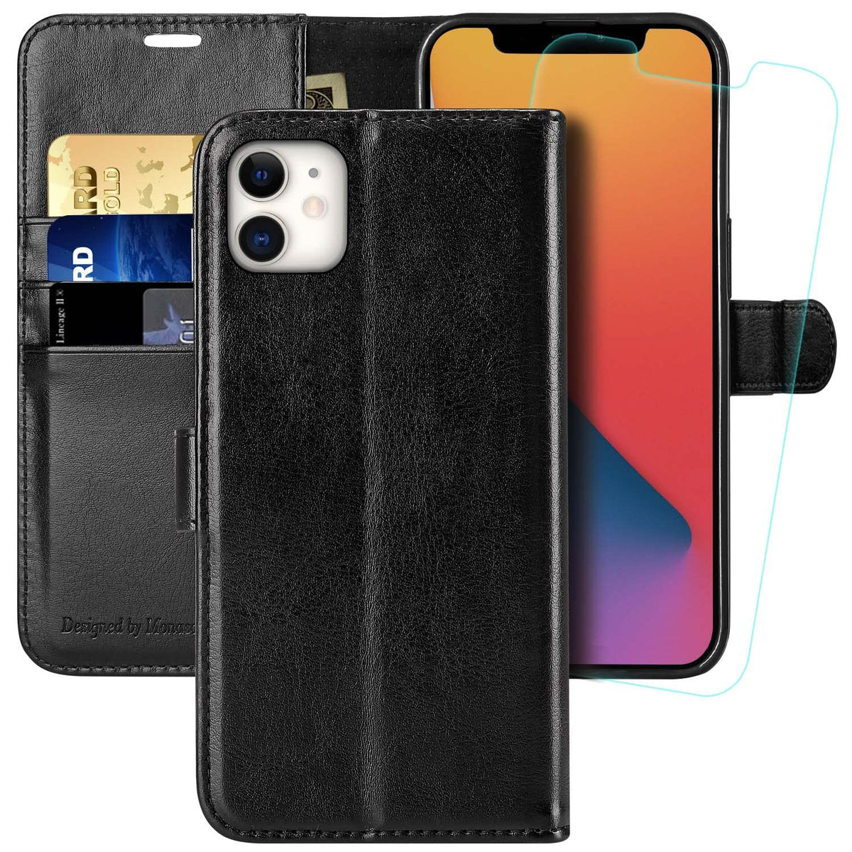 Monasay Wallet Case For Iphone 12 Mini 5G 5.4-Inch,[Glass Screen Protector Included] [Rfid Blocking] Flip Folio Leather Cell Pho