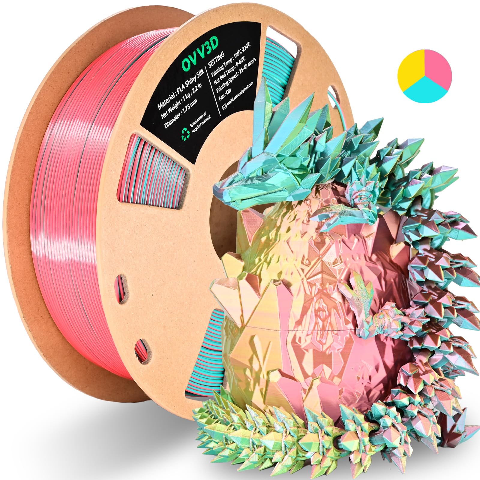 Ovv3D Pla Filament 1.75Mm Tri Colors, 3D Printer Filament Silk Pla Filament, Rainbow Pla Filament With Silk Pla Sky Blue, Pink A