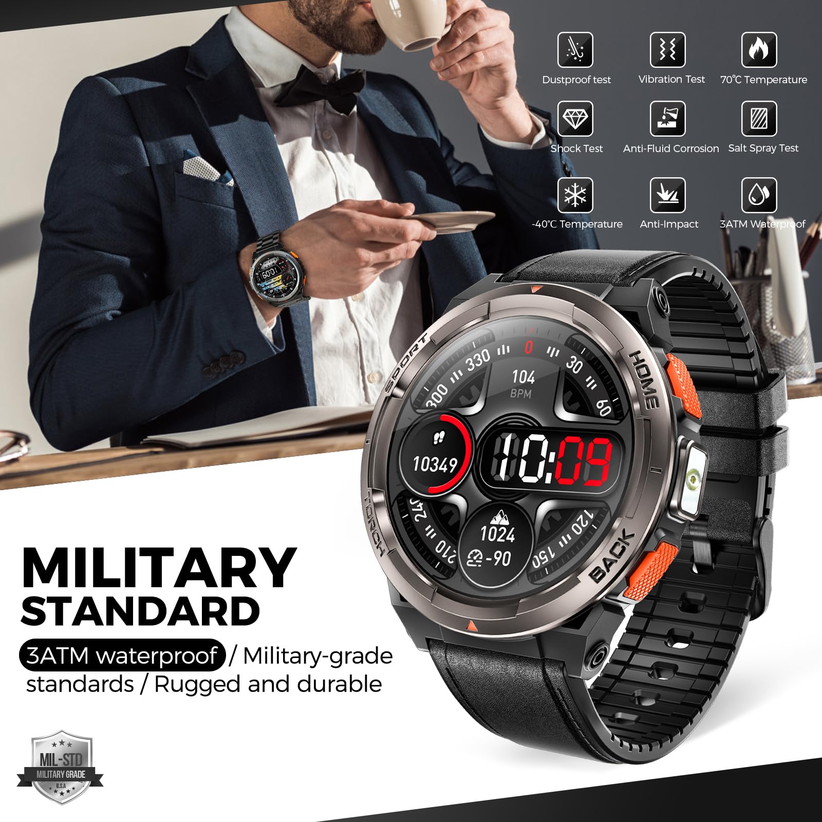 Ke5 Military Smart Watch For Men With Flashlight Sos 3Atm Waterproof Watch 530Mah Big Battery 1.45  Rugged Tactical Smartwatch W