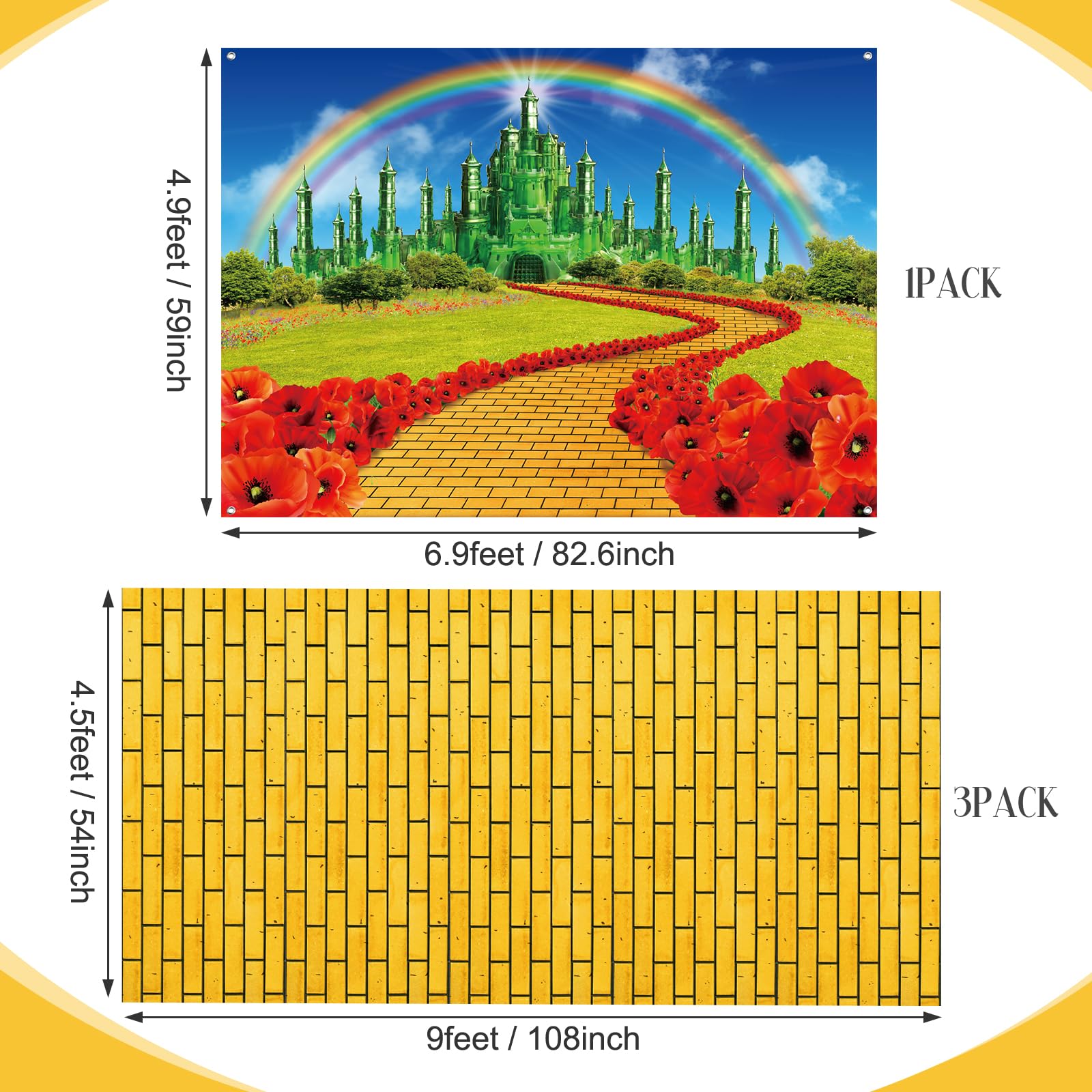4Pack Yellow Brick Road Runner And Emerald Castle Backdrop For Wizard Party Decorations,Yellow Brick Stone Road Leading Emerald