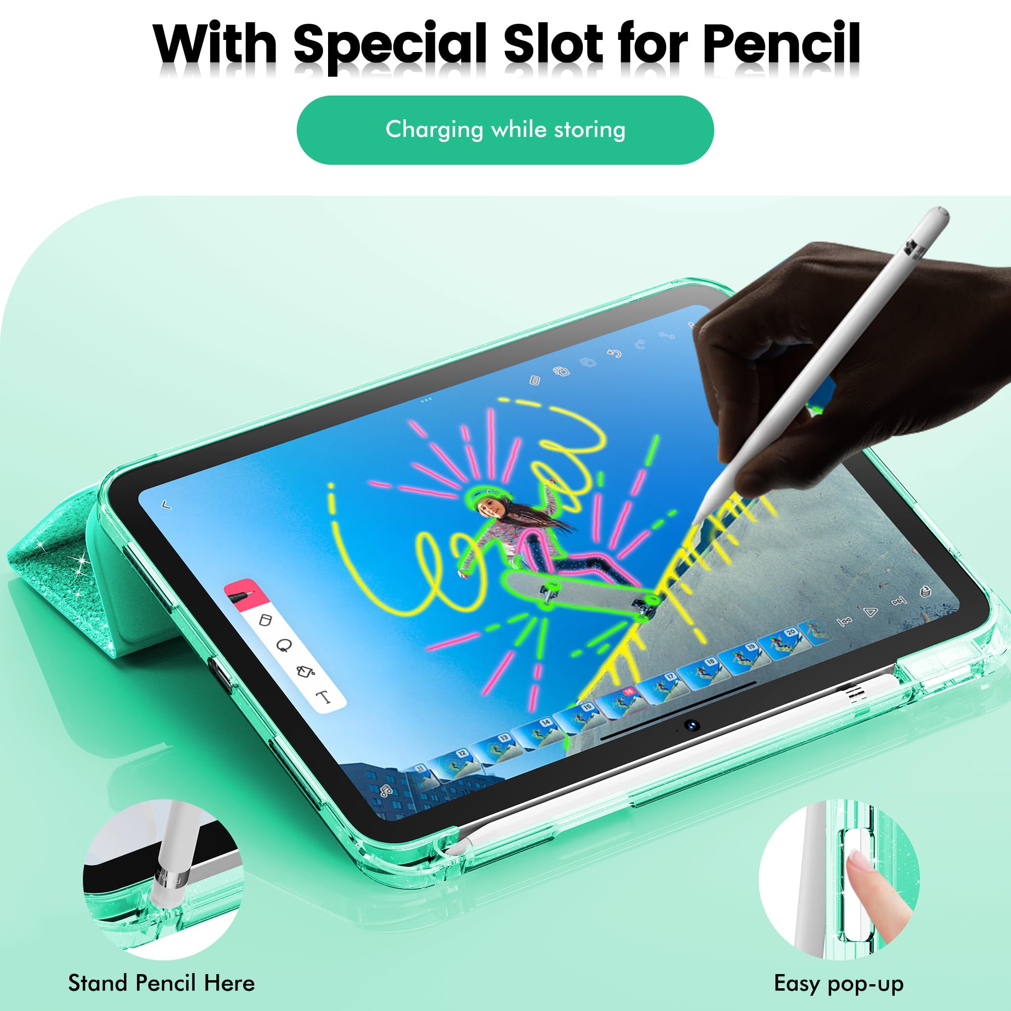 Infiland Compatible With Ipad 10Th Generation Case, Ipad Case 10Th Generation 10.9 Inch, Glitter Leather Cover With Sparkly Crystal Clear Back, Pencil Holder, Anti Yellowing (Seafoam Green)