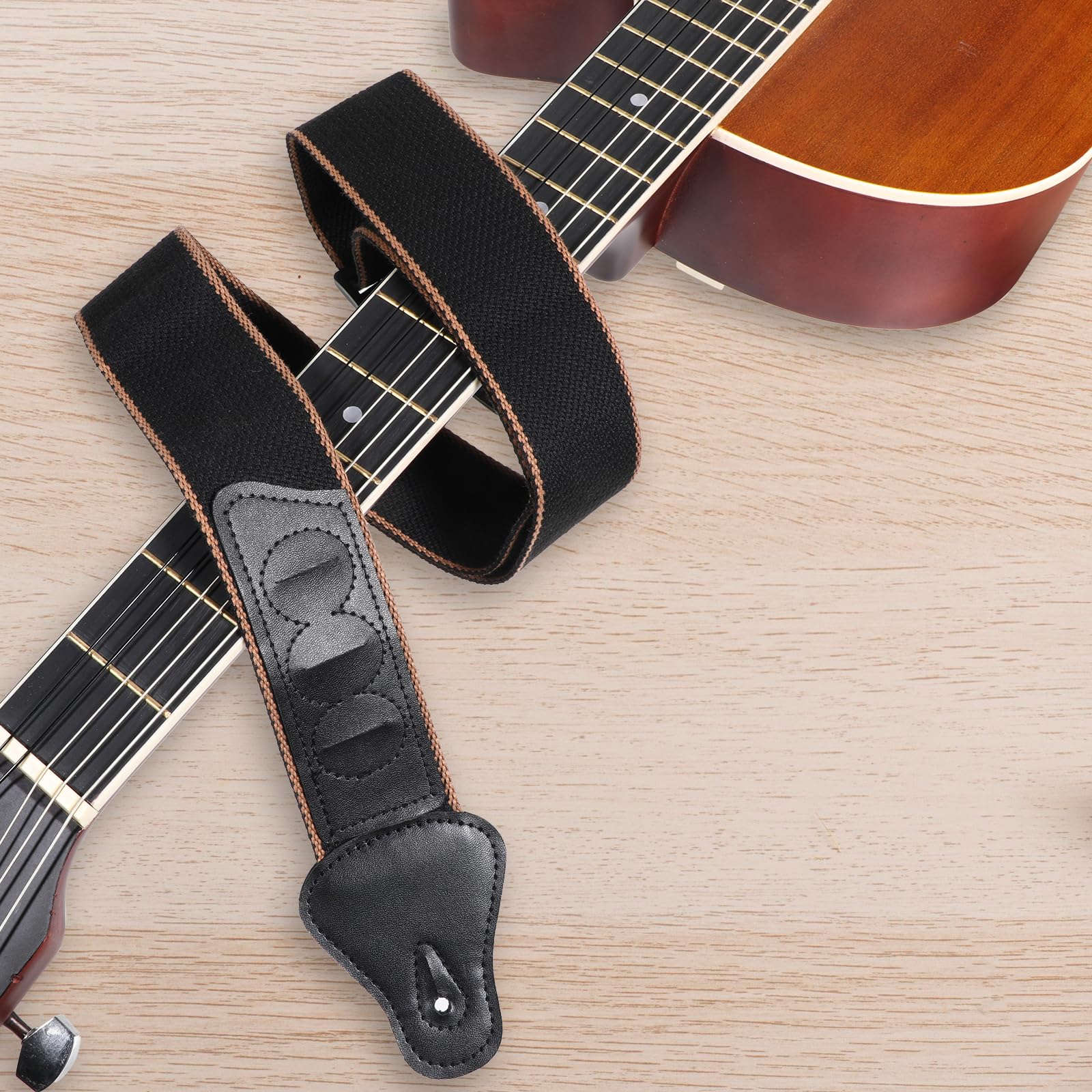 Acoustic Guitar Strap, Pu Leather Ends Guitar Accessories With 2 Buttons 2 Locks 3 Guitars Picks Pick Soft Cotton Leather Guitar