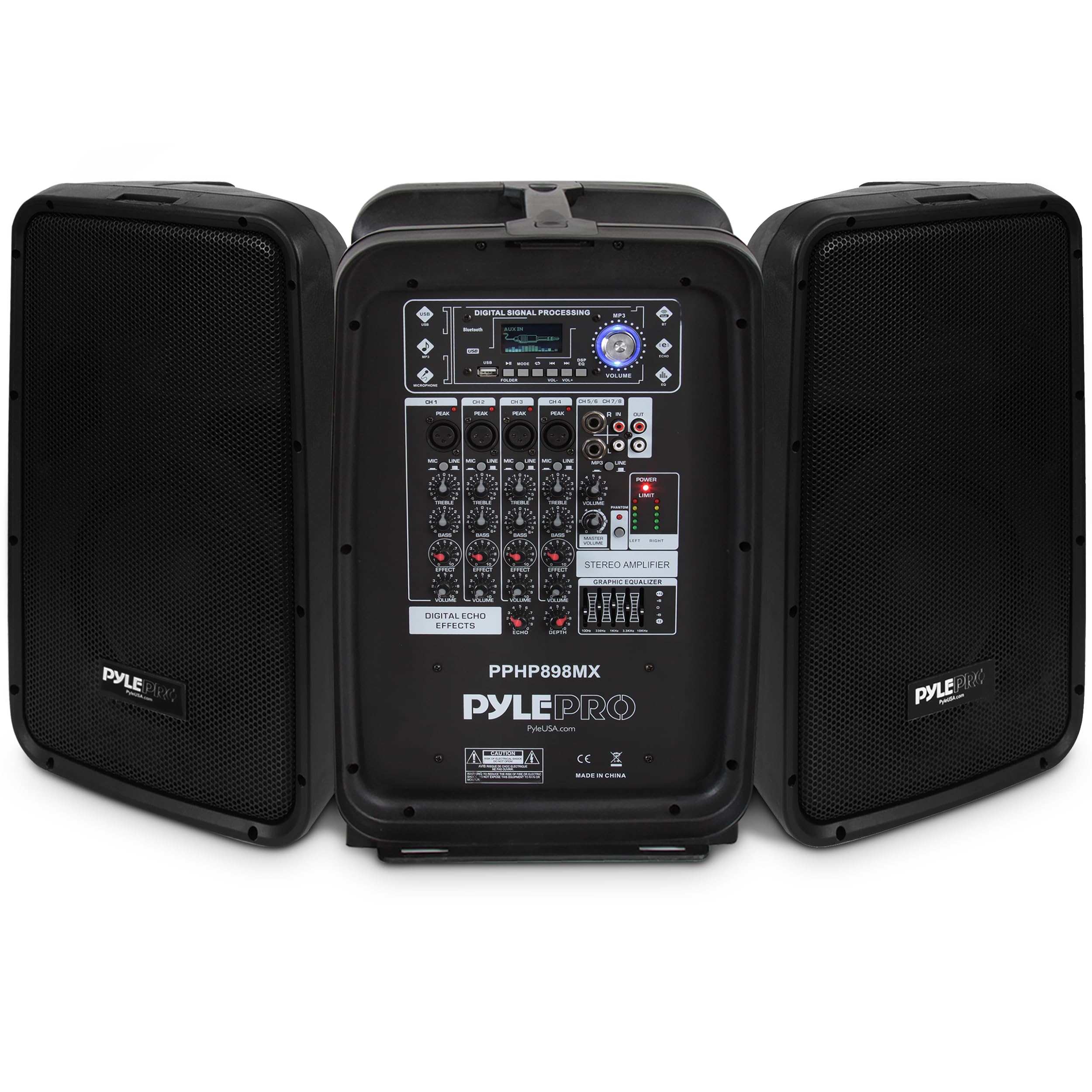 Pyle 600 Watt 8-Channel Portable Bluetooth Wireless PA Speaker Amplifier Kit with 8 Subwoofer and 1 Horn Tweeter, MP3, AUX - USB