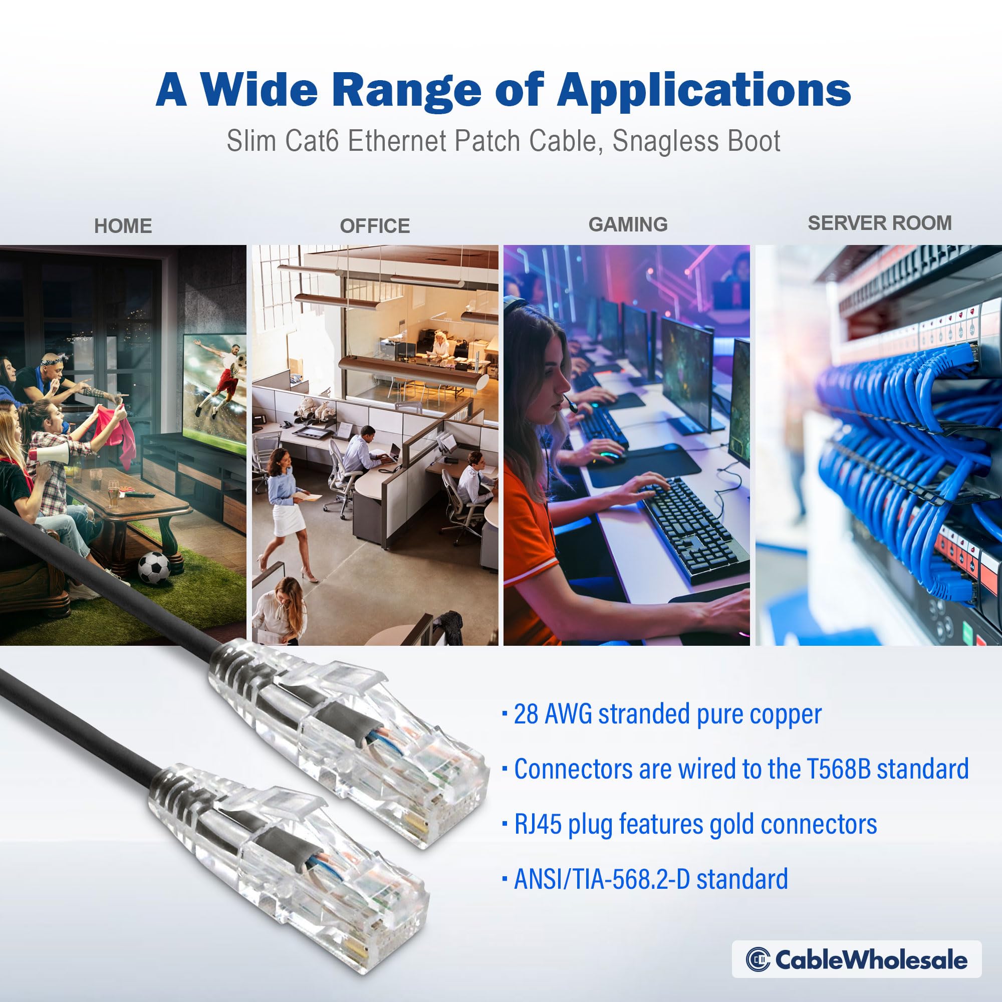 CableWholesale Cat6 Slim Ethernet Patch Cable, 28AWG, ETL Approved, RJ45 Gold Plate Connector Snagless/Boot Unshielded Twisted Pair (UTP), Internet Network Patch Cable, Black, 5 Foot