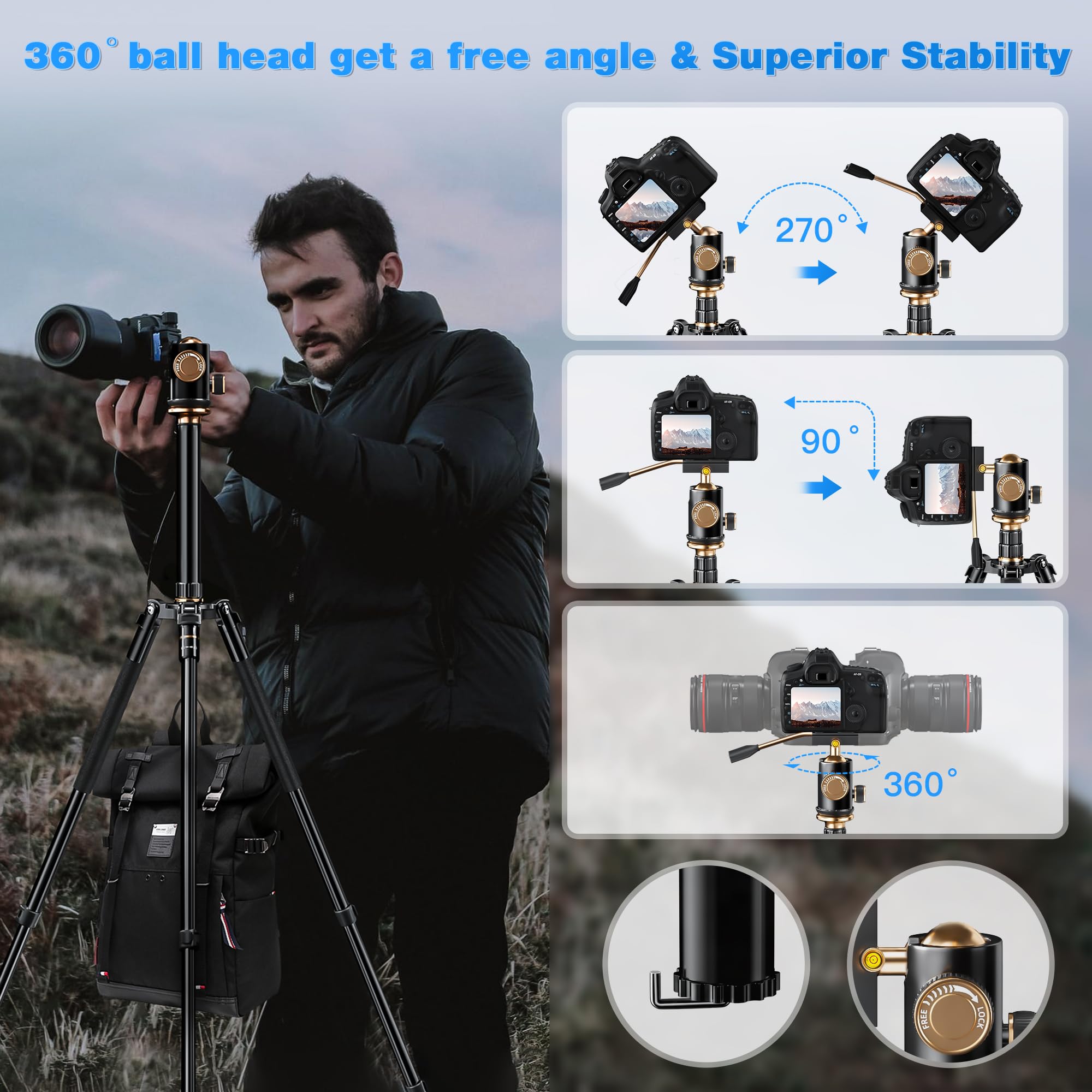 Yotilon Aluminum Camera Tripod & Monopod With Removable Handle And 360 Ball Head, 77.2   Max Height, 17.6Lb Load Capacity, Sil