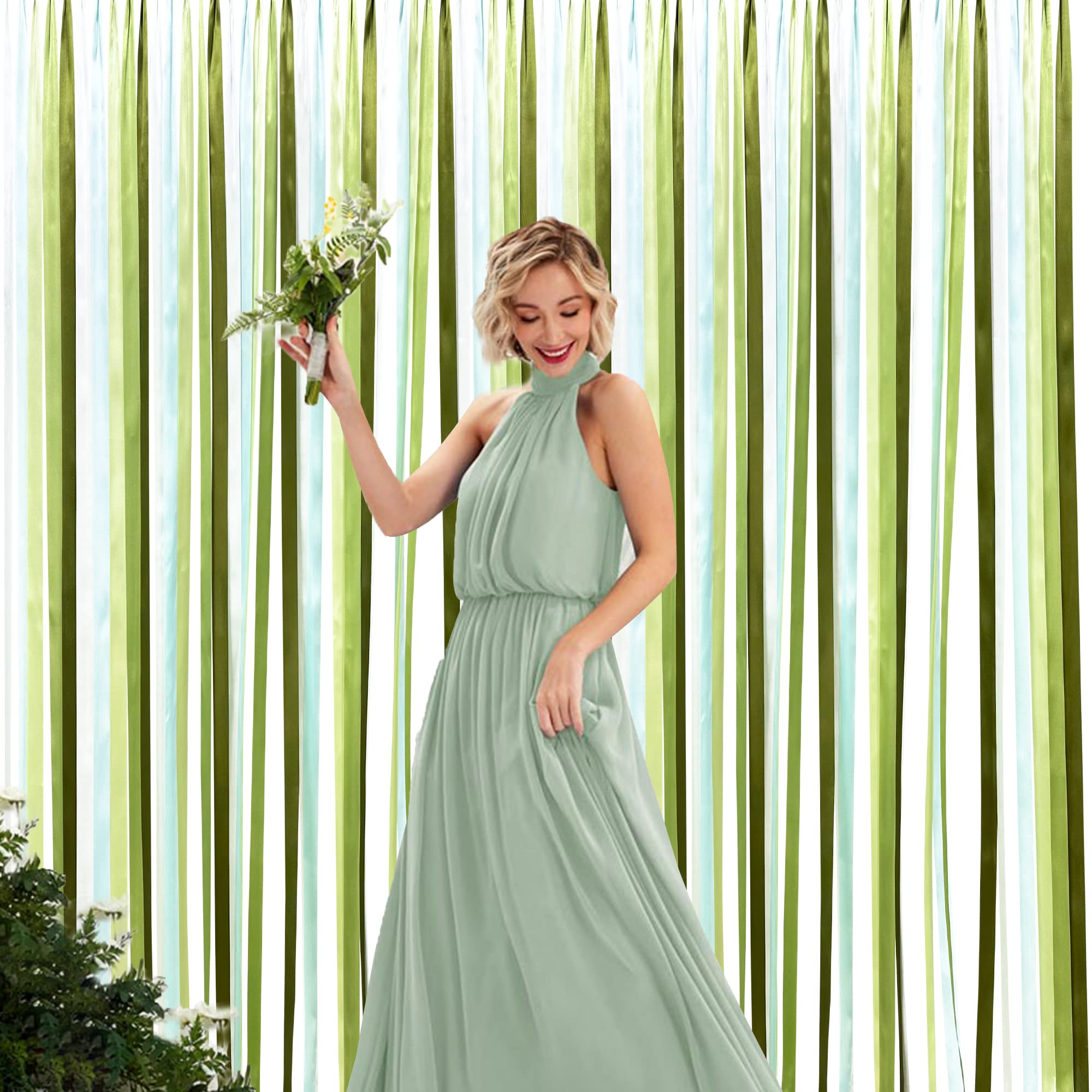 Sage Green Party Decorations Ombre Sage Green With Aqua Streamer Backdrop 197 Ft  1.97'' Wide Satin Ribbon Dusty Green Fringe Ha