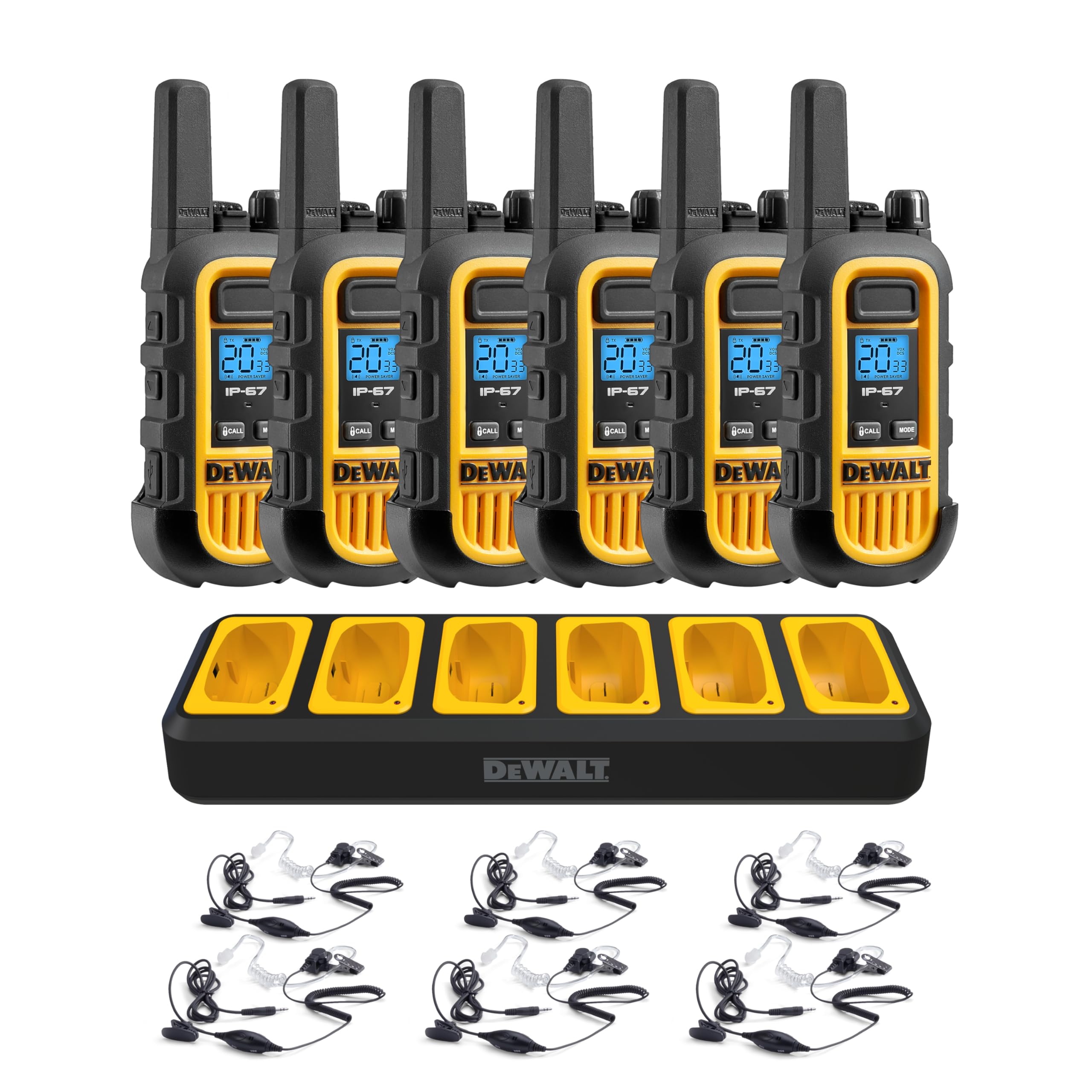 Dewalt Dxfrs300 Bundle 1W Walkie Talkies Heavy Duty Business Two Way Radios, 6 Pack With 6 Headsets Plus Gang Charger (Dxfrs300Bch6 Sv1)
