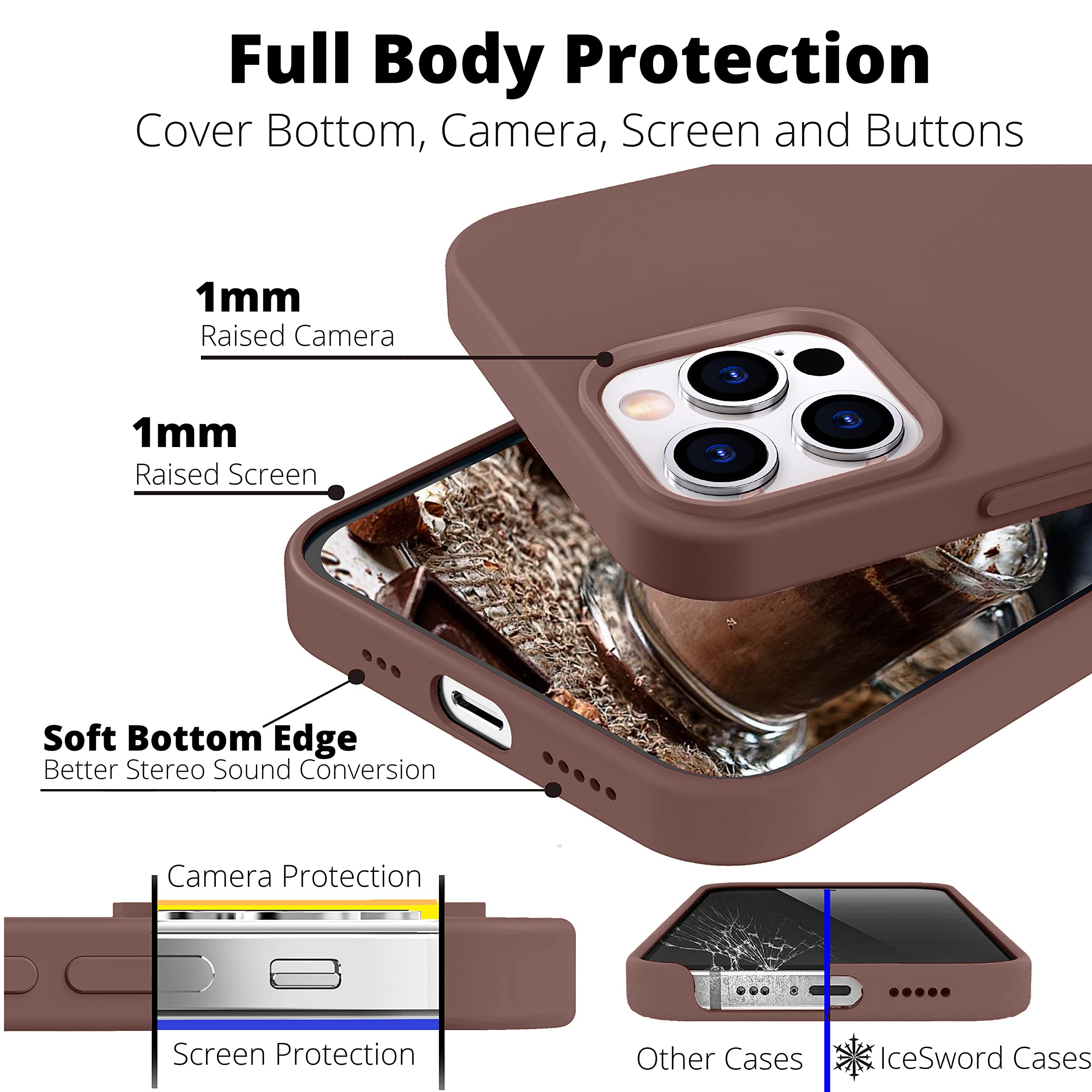 Icesword Iphone 12 Mini Case Coffee, Thin Liquid Silicone Case, Matte Pure Color, Soft Silk Microfiber Cloth, Gel Rubber Full Bo