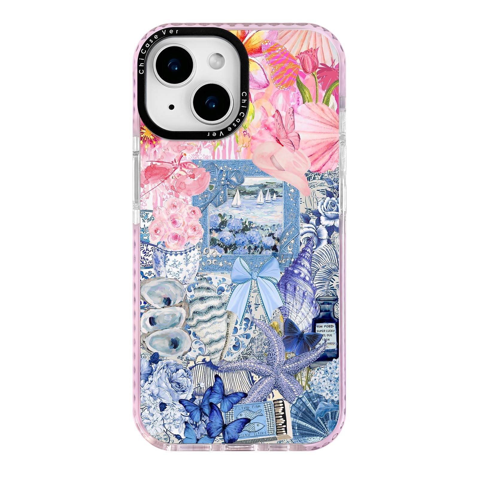 ChiCaseVer for iPhone 14 Plus Case,Coastal Vintage Collage with Shells & Floral Aesthtic Design Pattern,Military-Grade Drop Prot
