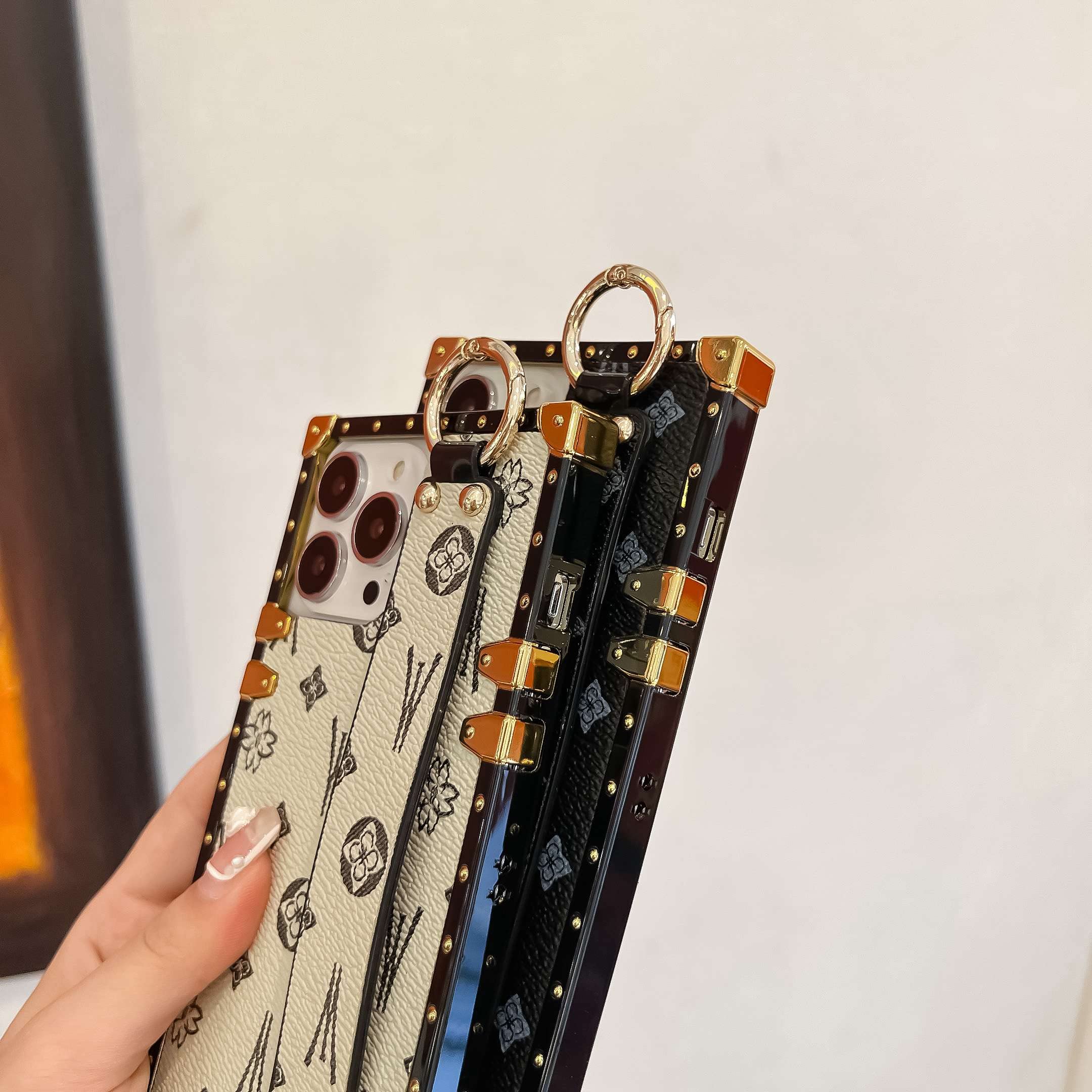 Trodino Square Leather Iphone 13 Pro Max Case With Wristband Strap, Luxury Designer Trunk Box Phone Case For Women Girls, Hand H