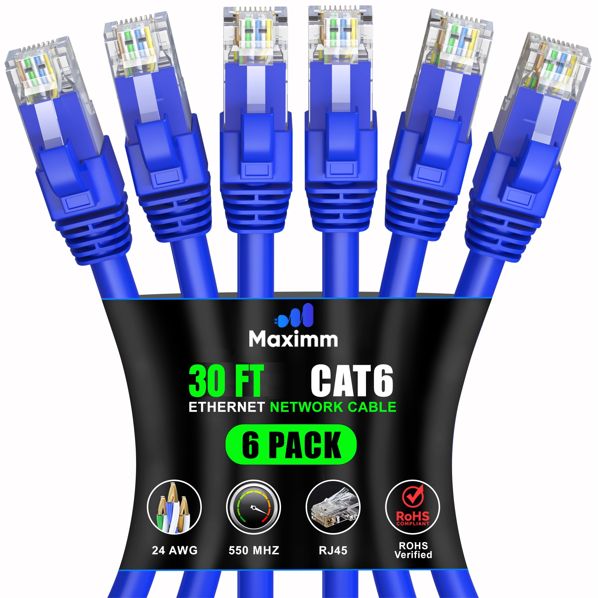 Maximm Cat 6 Ethernet Cable 30 Ft (6 Pack)   High Speed Lan Cable, Internet Cable, Patch Cable, And Network Cable   Utp, 10Gbps, 550Mhz Ethernet Cord   Blue
