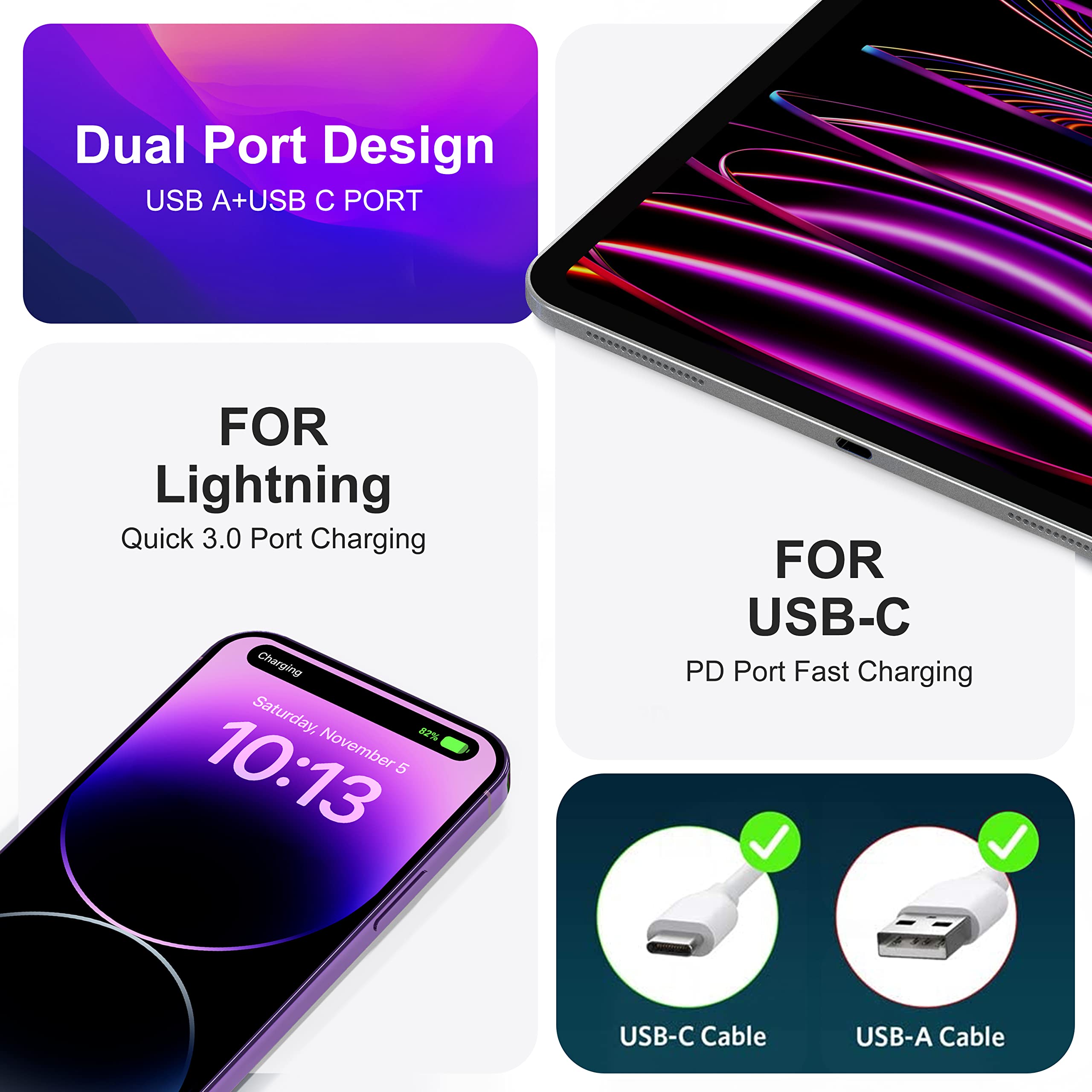 3 Pack 20W Pd Usb Charger, Dual Port Usb C Wall Charger Plug In Block Station Type C Box Supper Fast Charging Brick For Iphone,