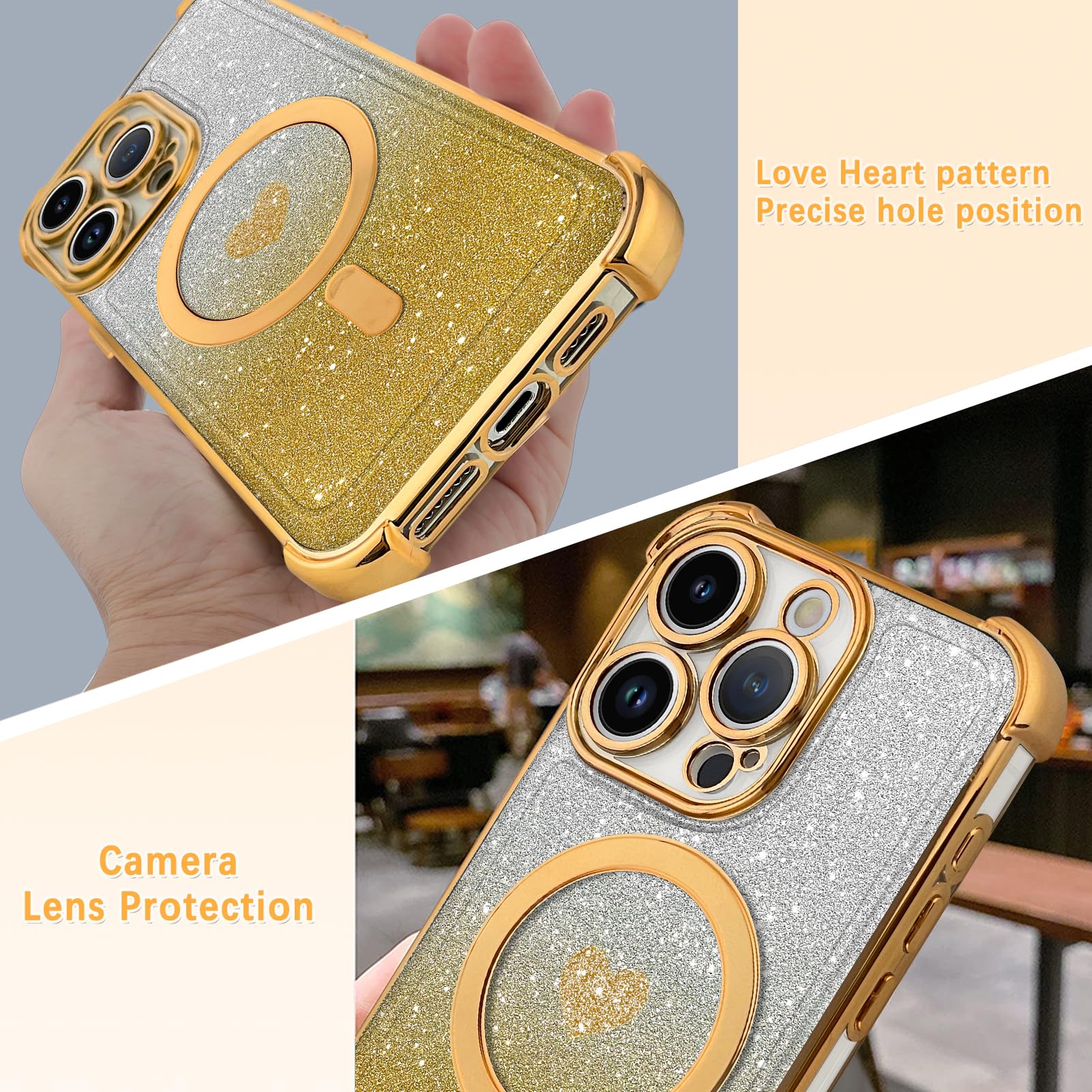Tharlet Magnetic For Iphone 15 Pro Max Case [Compatible With Magsafe] Glitter Cute Love Luxury Plating Plating Bling Clear Phone