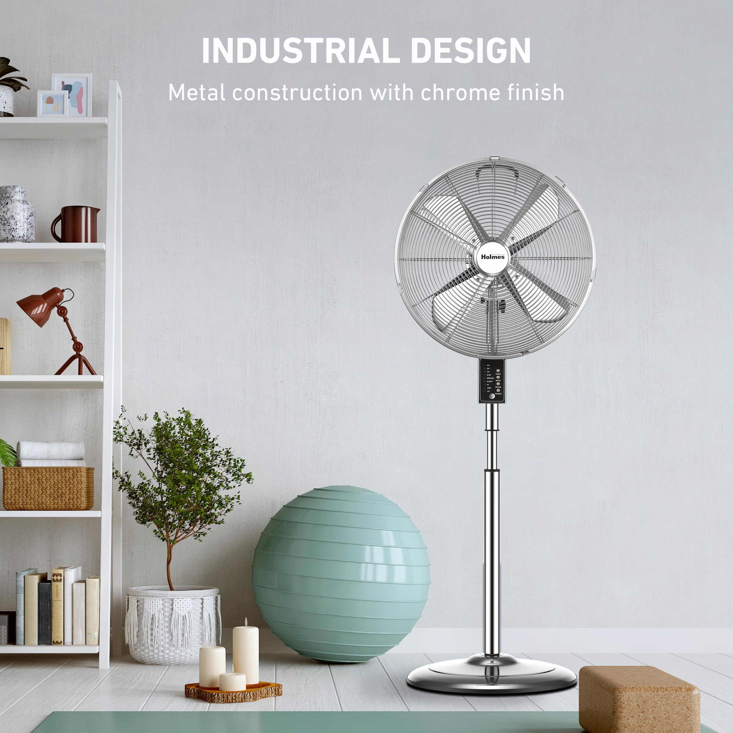 Holmes 16'' Chrome Digital Stand Fan, 75 Oscillation, 3 Speeds, 4 Blades, 3 Modes, Adjustable Height, 18 Head Tilt, Ideal For Ho