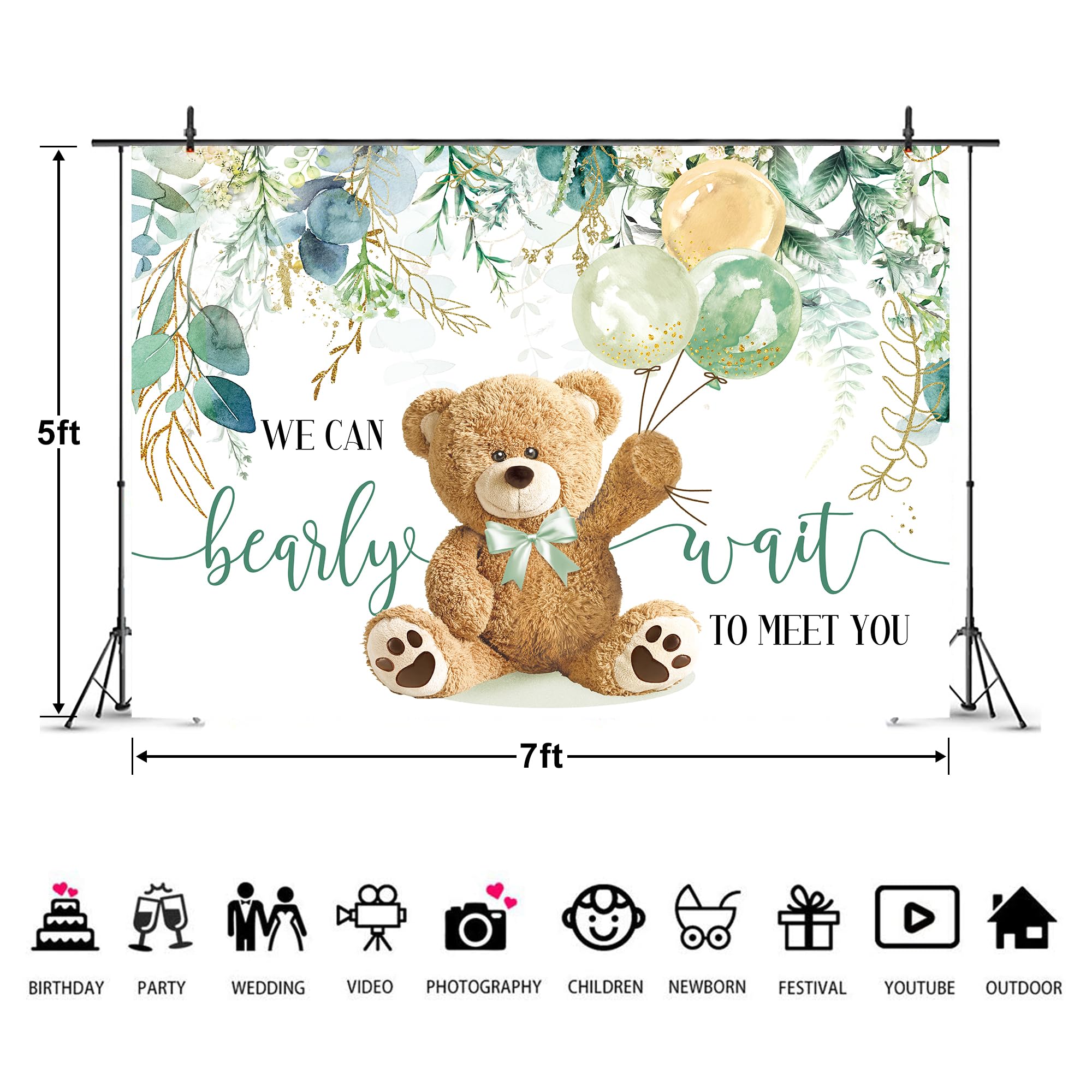 Imirell Bear Baby Shower Backdrop 7Wx5H Feet We Can Bearly Wait Spring Green Leaves Watercolor Eucalyptus Polyester Fabric Carto