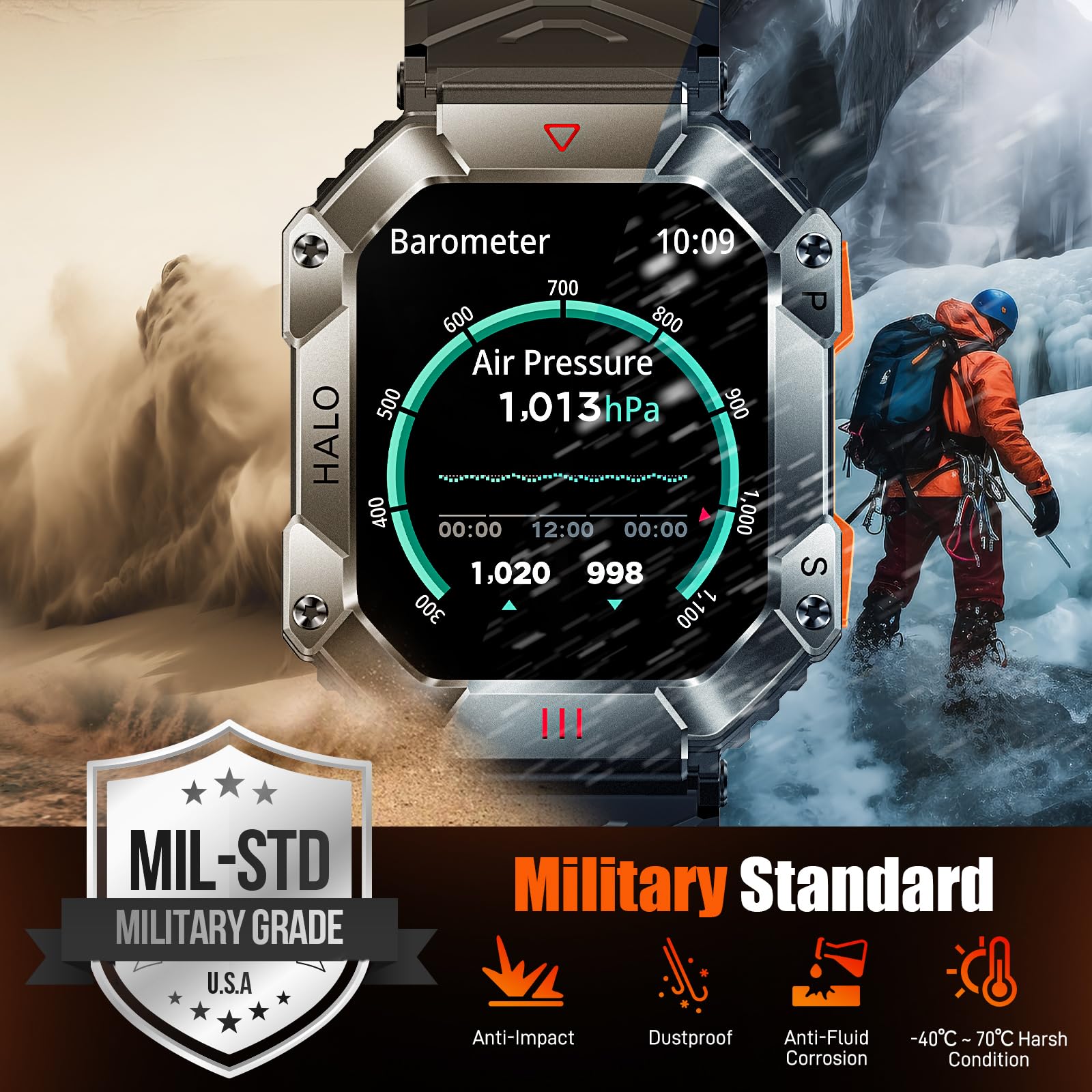 Military Smart Watch For Men 2.0'' Hd With Elevation Barometer Compass Fitness Tracker With Ip68 Waterproof Heart Rate Sleep Mon