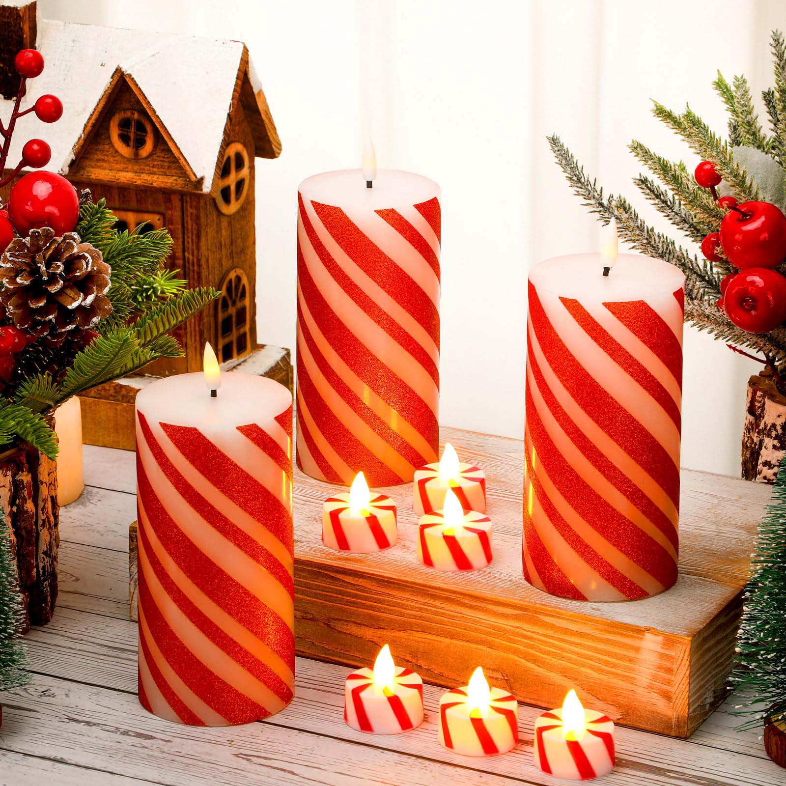 Baquler 9 Pcs Christmas Led Candy Cane Candles And Christmas Flameless Tea Lights Set 6 Inch Candy Cane Stripe Holiday Led Flame