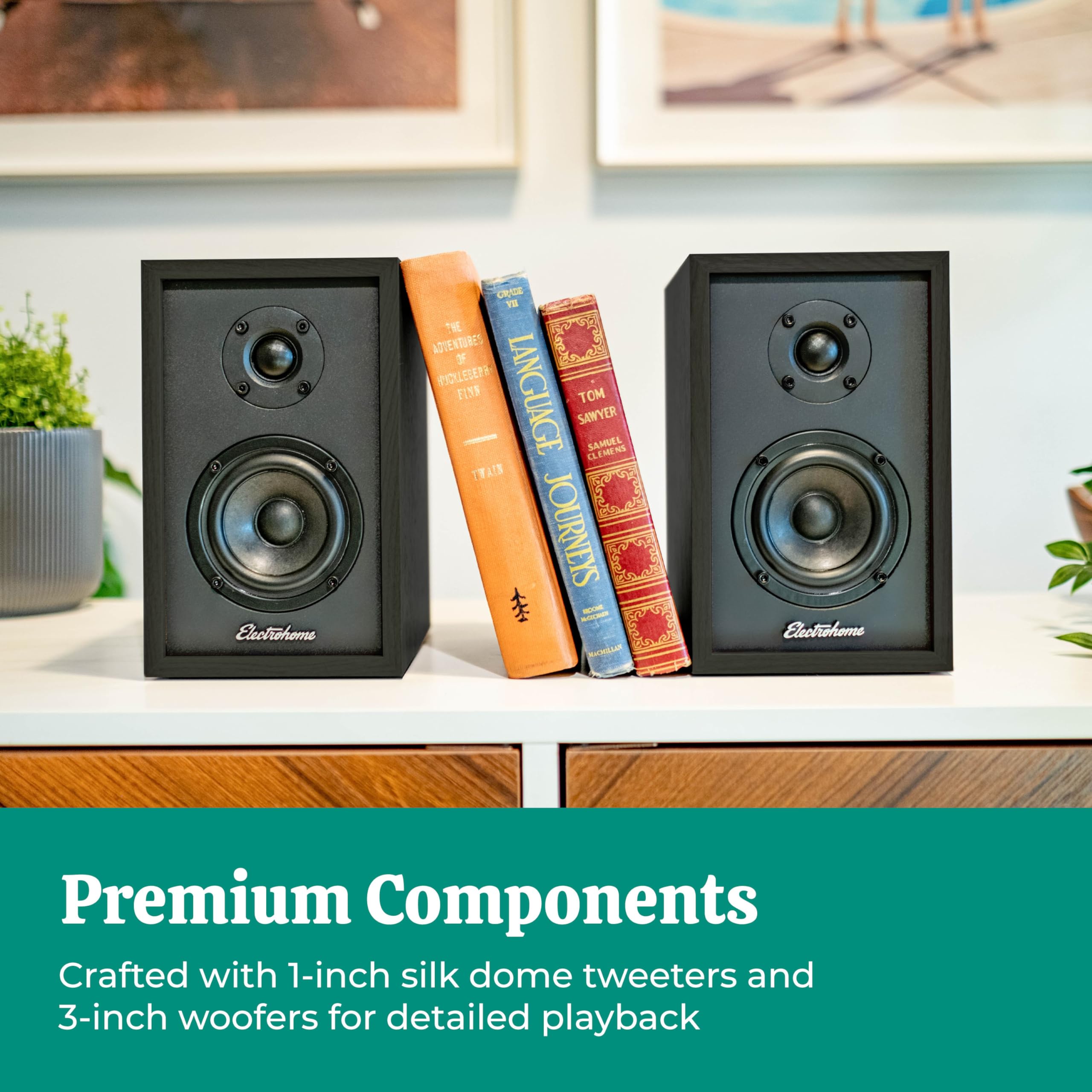 Electrohome Berkeley 2.0 Stereo Powered Bookshelf Speakers With Built In Amplifier And 3'' Drivers For Turntable, Tv, Pc And Wir