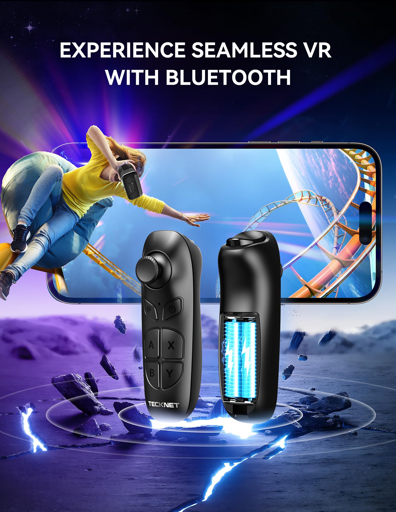 Tecknet Vr Headset For Phone With Bluetooth Controller, 4.7-7.2'' Vr Headsets With Hd 110Fov Anti-Blue Light Lenses & Adjustable