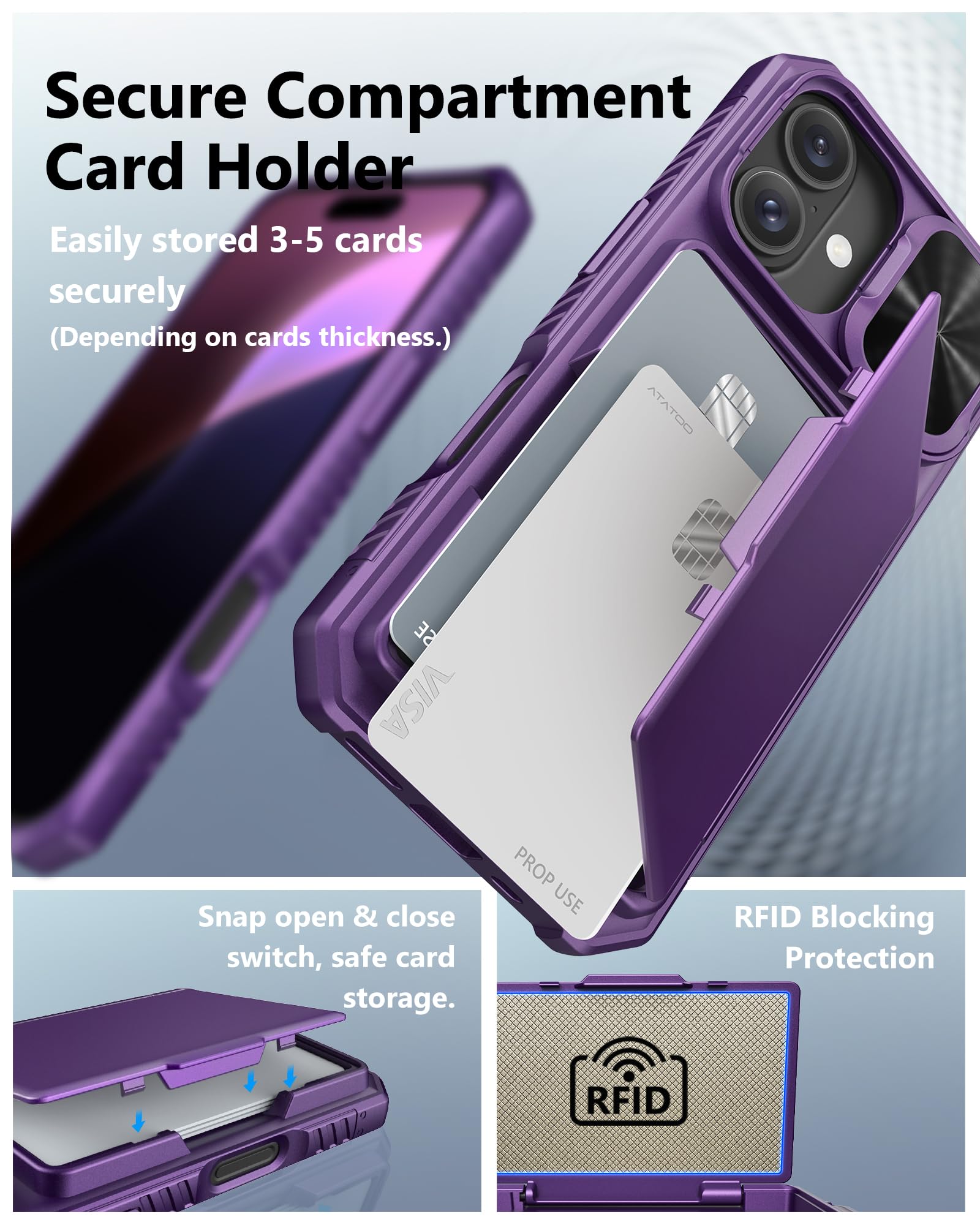 Atatoo For Iphone 16 Case Wallet With Card Holder (Store 3 5 Cards) & Slide Lens Cover, Military Grade Protection, Rugged Shockp