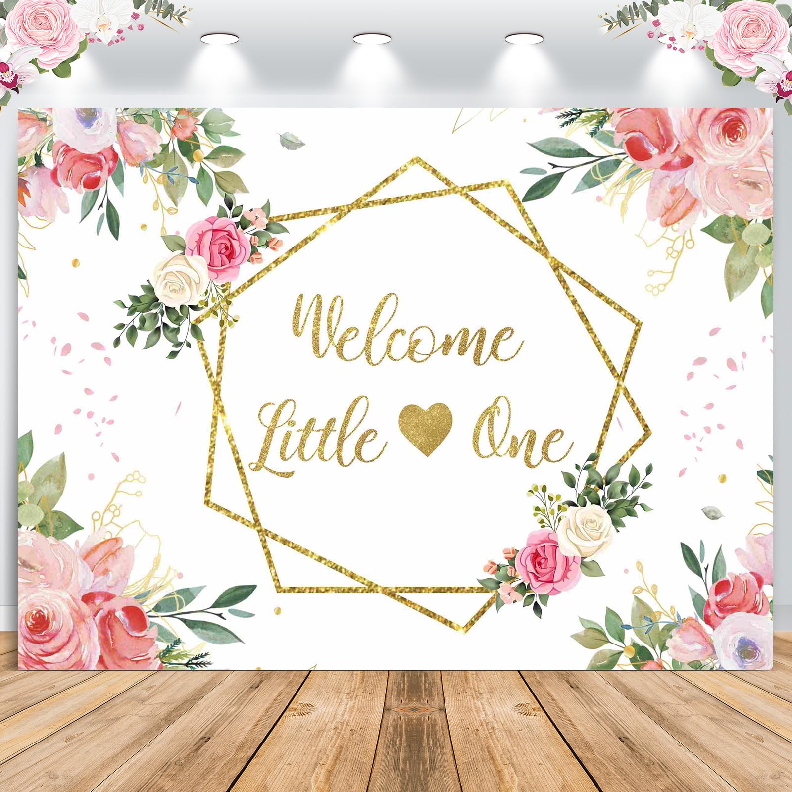 Newwiee Floral Baby Shower Theme Backdrop For Neutral Welcome Little One Photography Background Glitter Gold Lines Baby Shower T